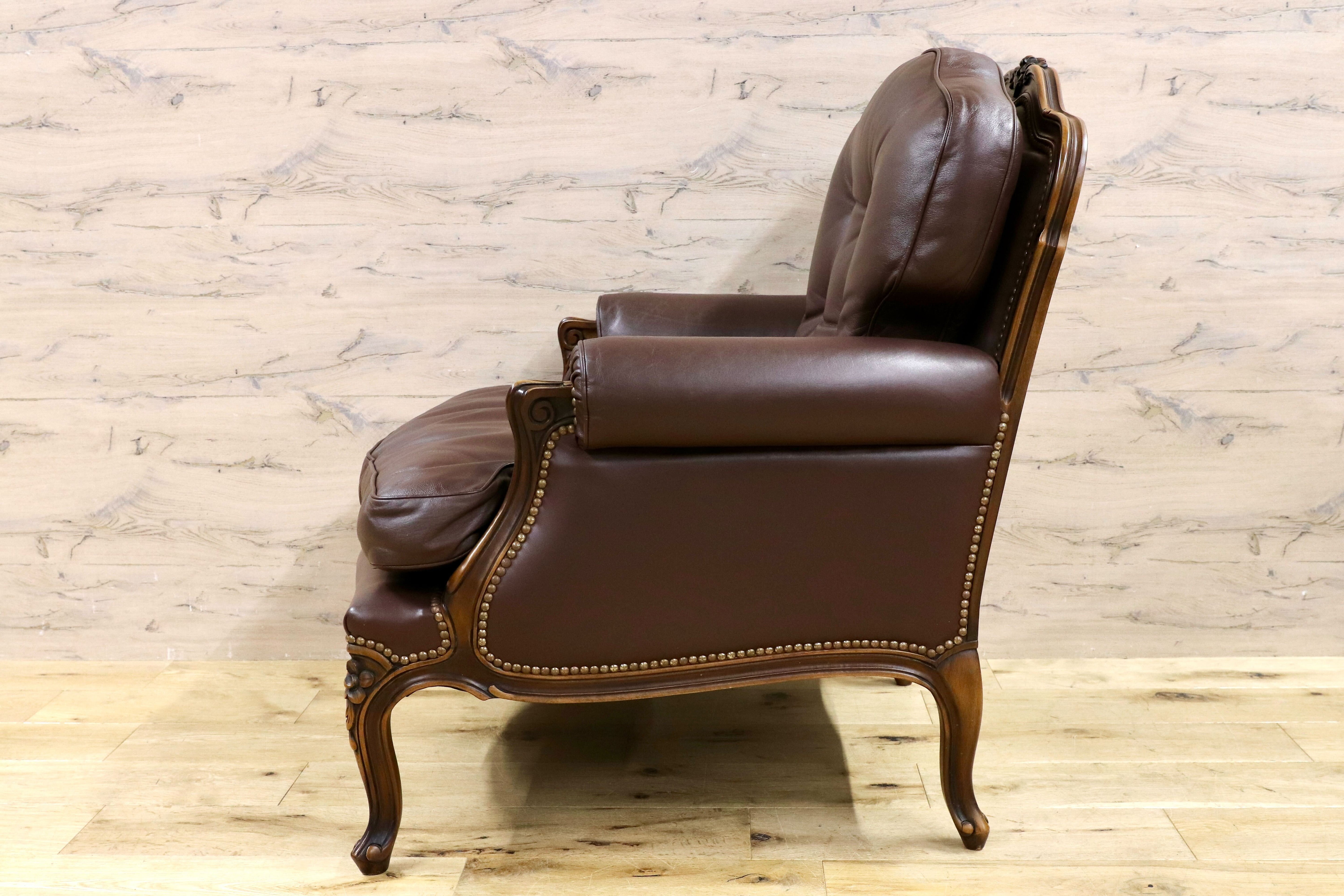 GMHH381B○domani / ドマーニ ルイXV カリモク最高峰 1人掛けソファ シングルソファ 本革 レザー ブラウン クラシック 稀少