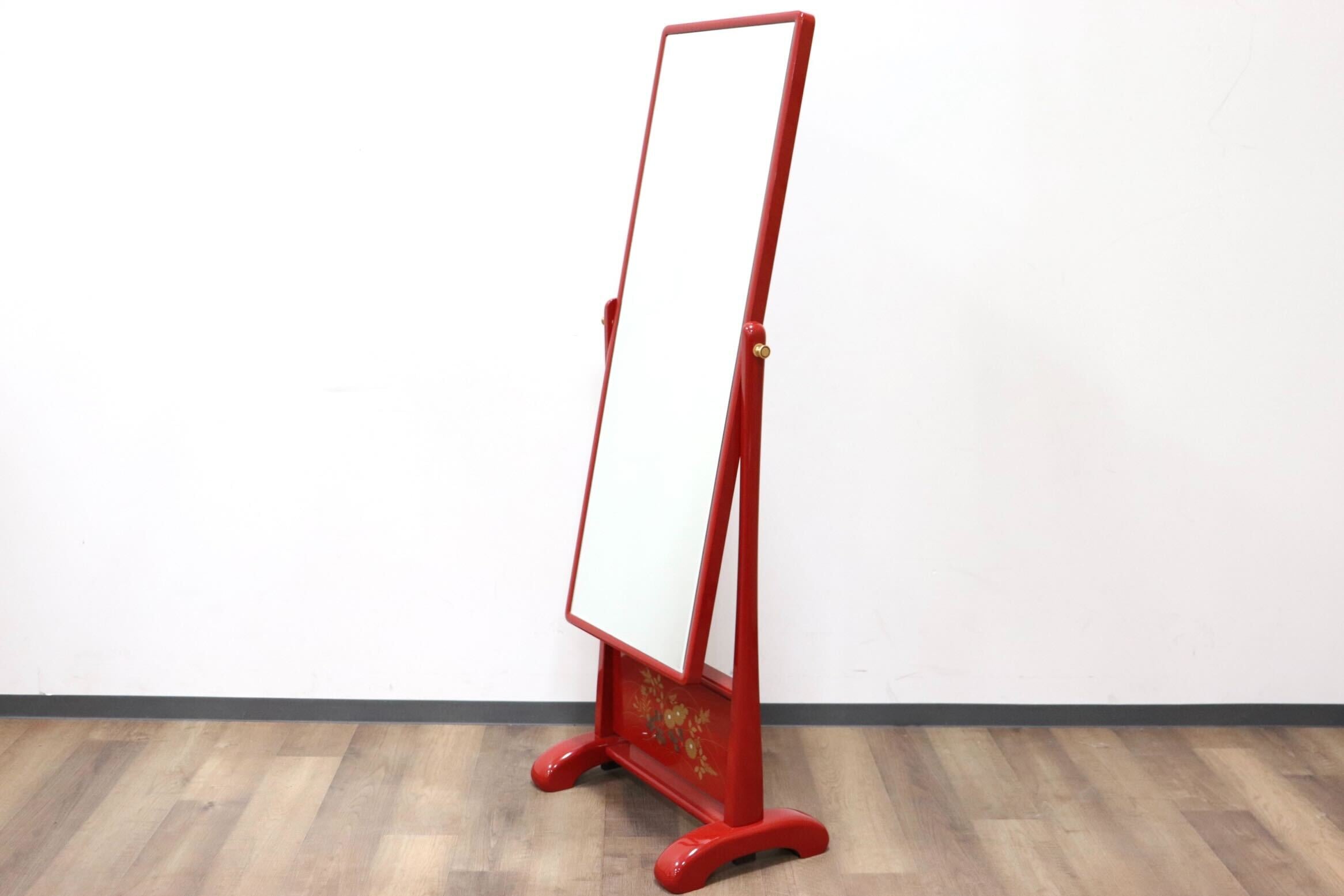 GMGF120○MATSUSO / 松創 秋草に朱 橘型 全身鏡 姿見 スタンドミラー 漆塗り 朱色 和モダン 府中家具 IDC大塚家具 定価約84万 展示品