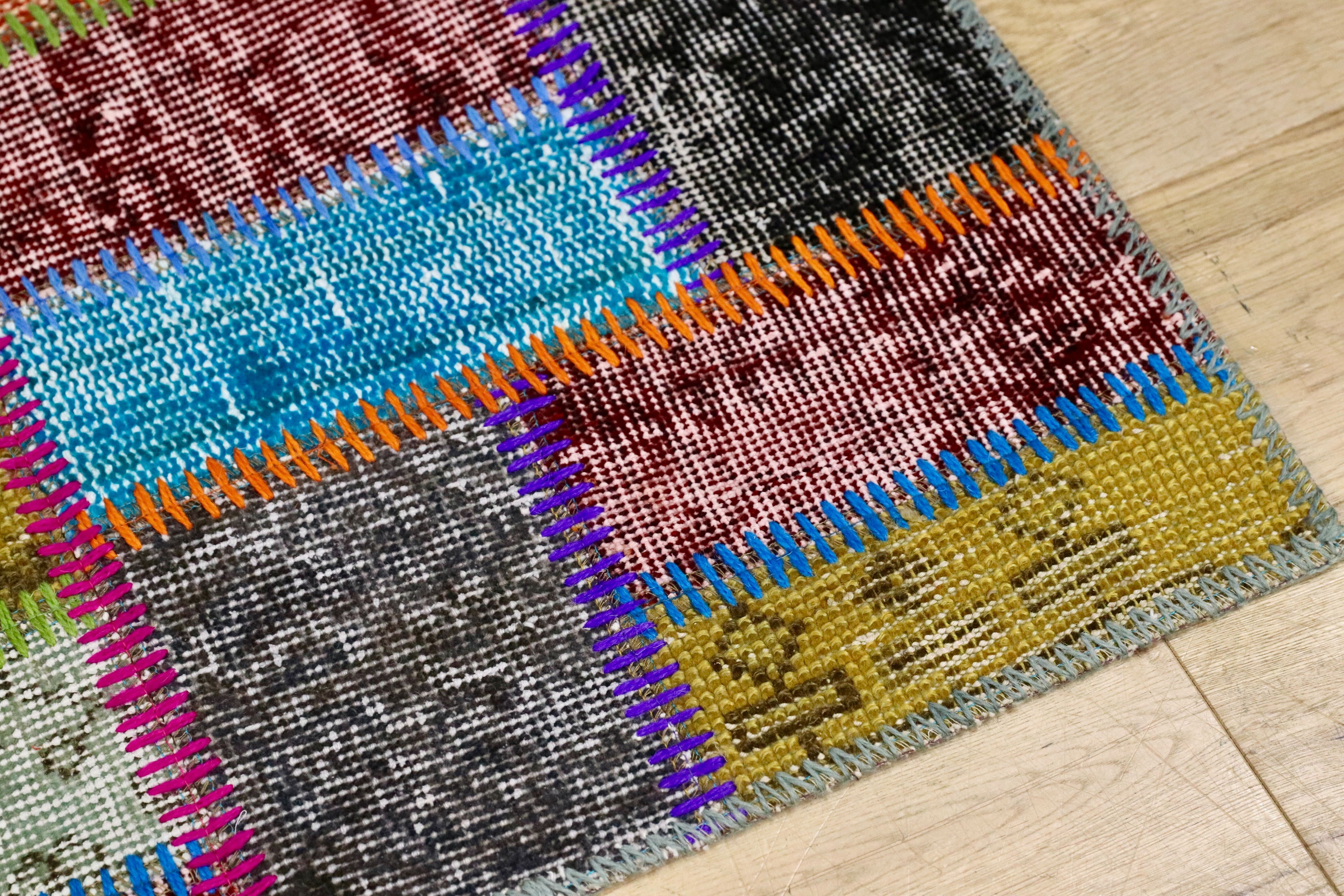 GMHO2○トルコラグ ヴィンテージ デッドストック ラグ カーペット 絨毯 手織り パッチワーク 在庫品