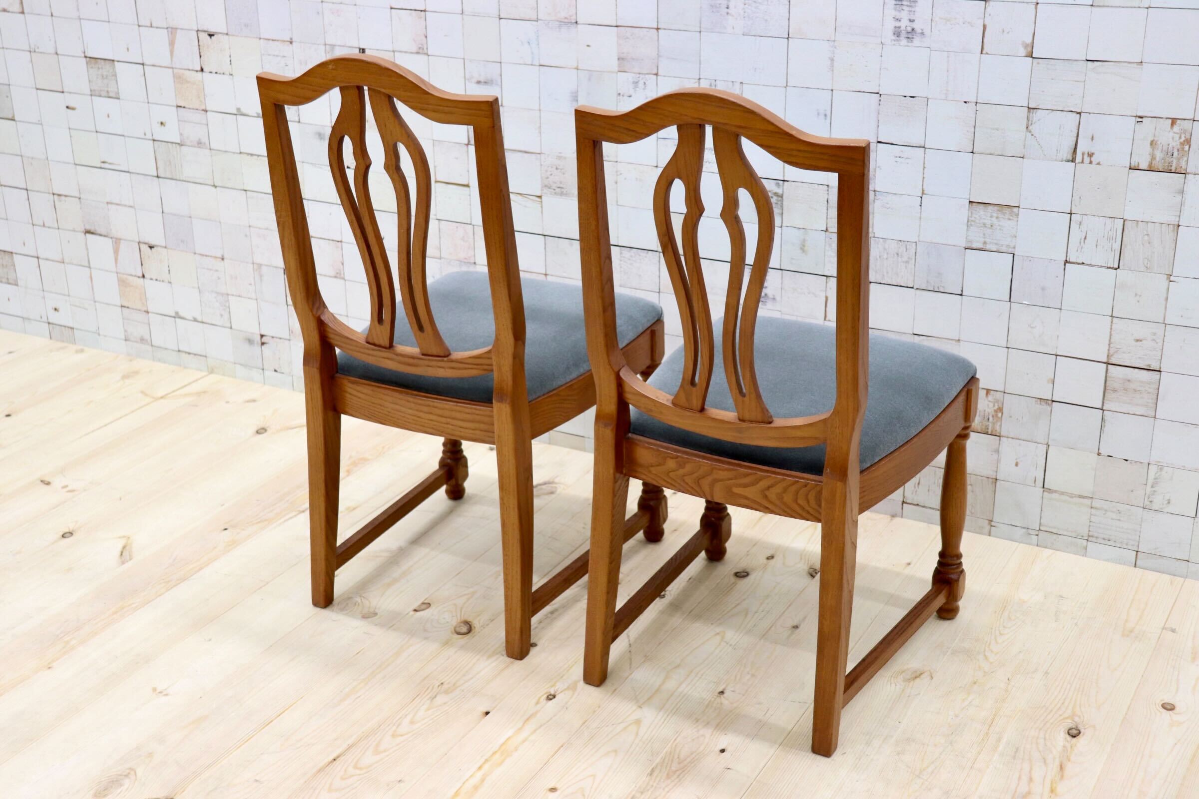 GMGT117A○英国アンティーク ダイニングチェア 食卓椅子 ファブリック グレー オーク 座面張替済 2脚セット クラシック 検)三越ブルージュ