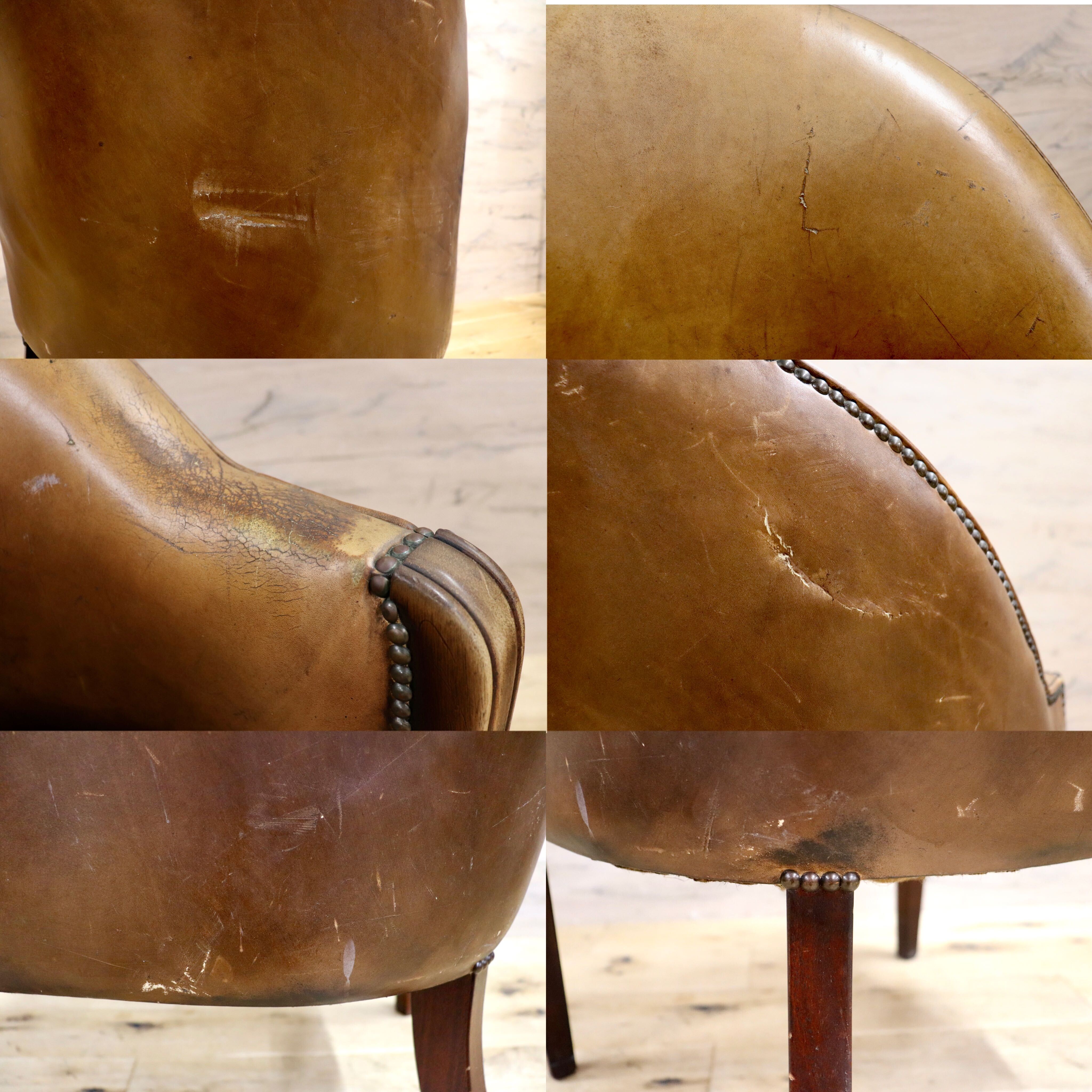 GMHK411○イギリス ヴィンテージ 1人掛けソファ ラウンジチェア デスクチェア 本革 レザー ブラウン 鋲打ち アンティーク