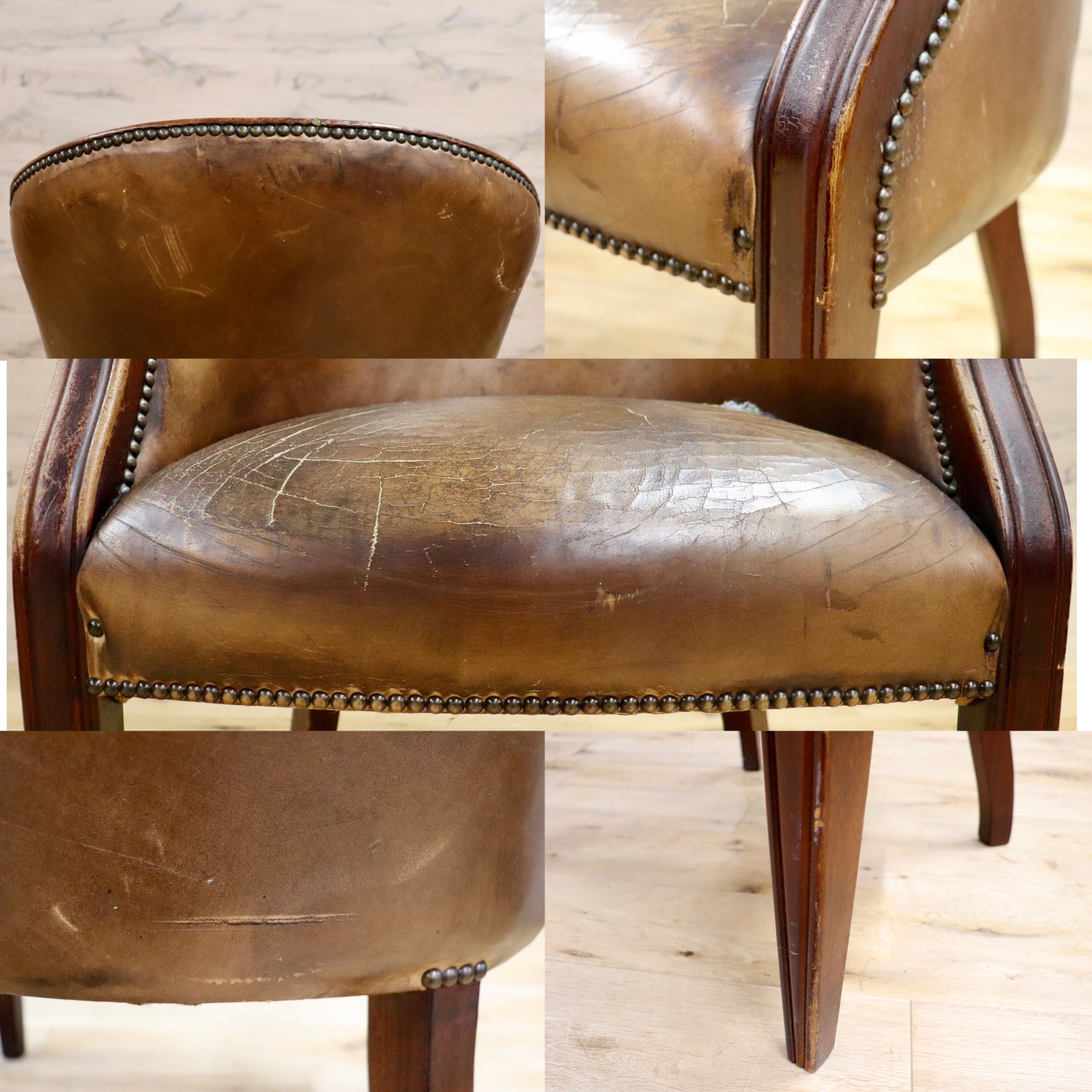 GMHK411○イギリス ヴィンテージ 1人掛けソファ ラウンジチェア デスクチェア 本革 レザー ブラウン 鋲打ち アンティーク