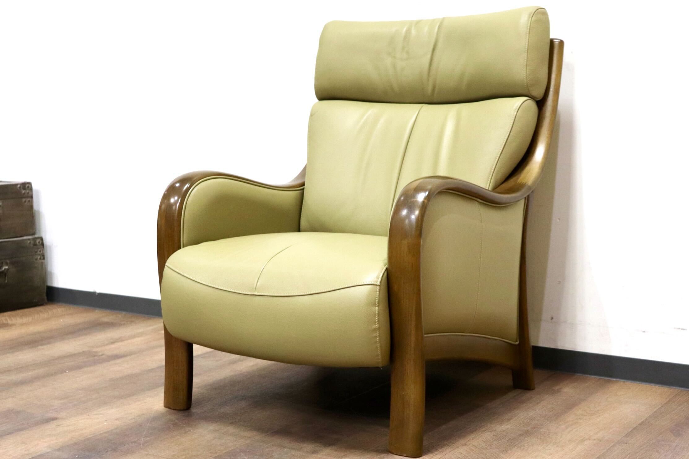 GMHK755A○karimoku / カリモク Direttore ディレトーレ 1人掛けソファ シングルソファ アームチェア 本革 オリーブ色 モダン 国産家具