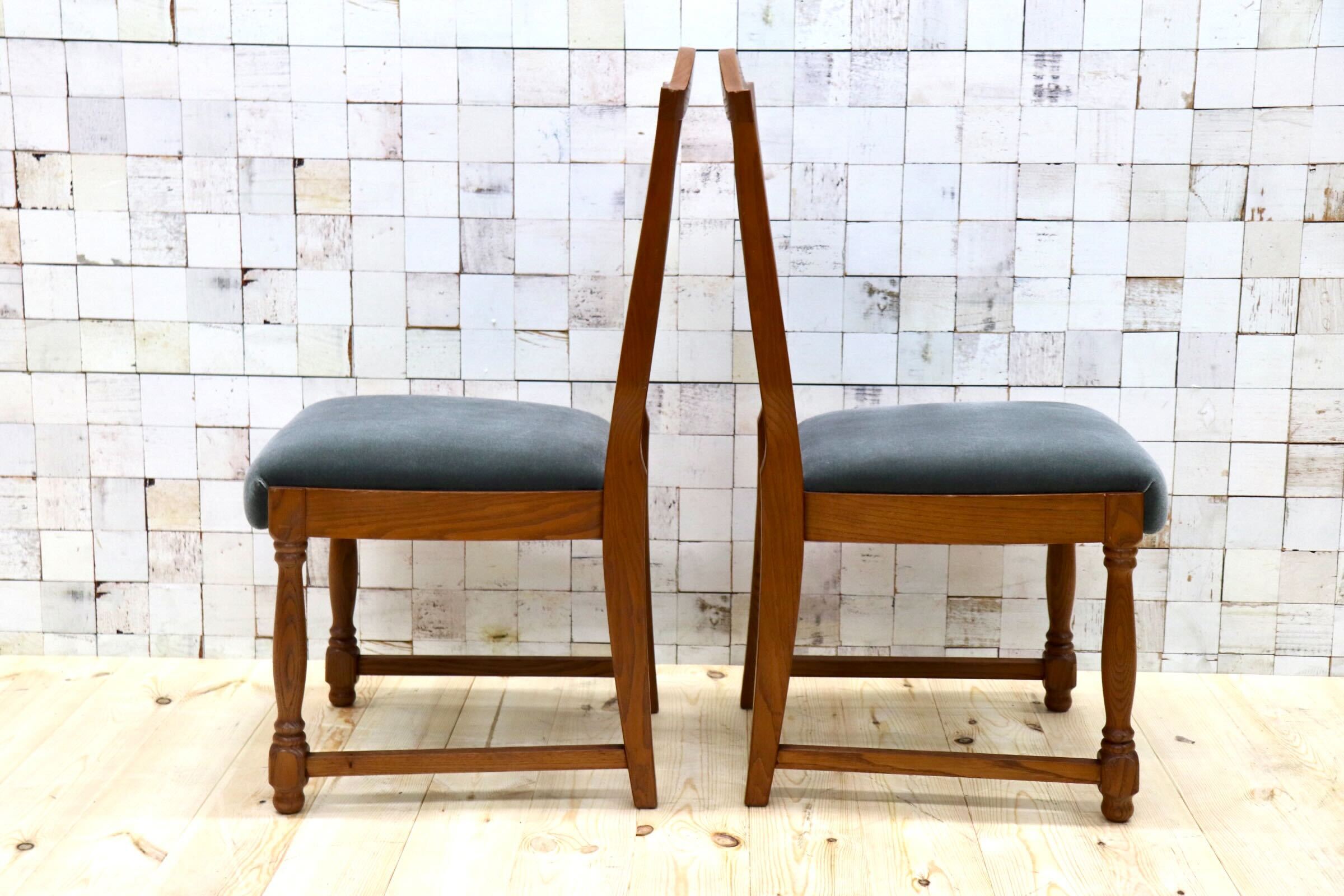 GMGT117B○英国アンティーク ダイニングチェア 食卓椅子 ファブリック グレー オーク 座面張替済 2脚セット クラシック 検)三越ブルージュ