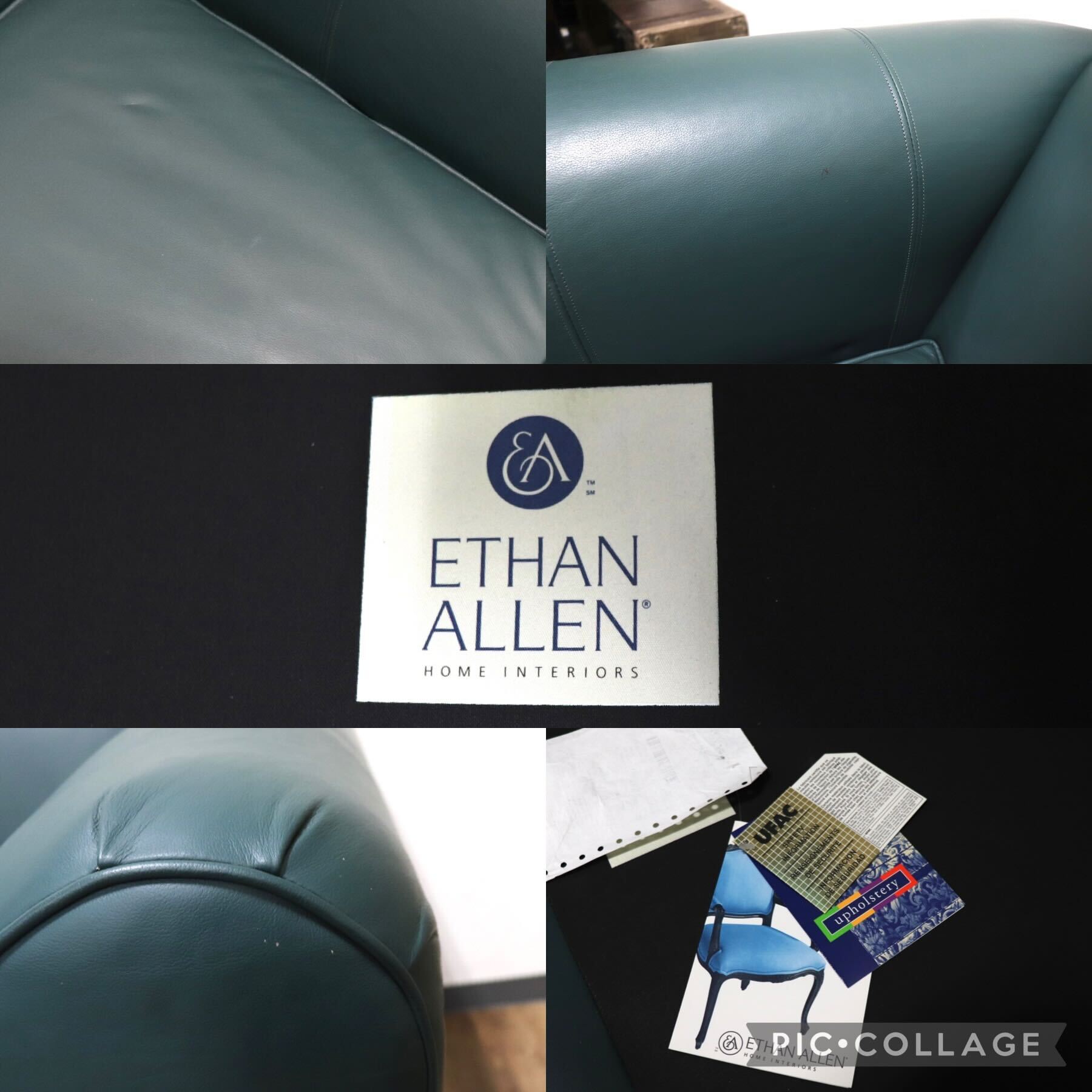 GMHS220C○ETHAN ALLEN / イーセンアーレン 3人掛けソファ トリプルソファ 本革 グリーン 応接 IDC大塚家具 US クラシック ヴィンテージ