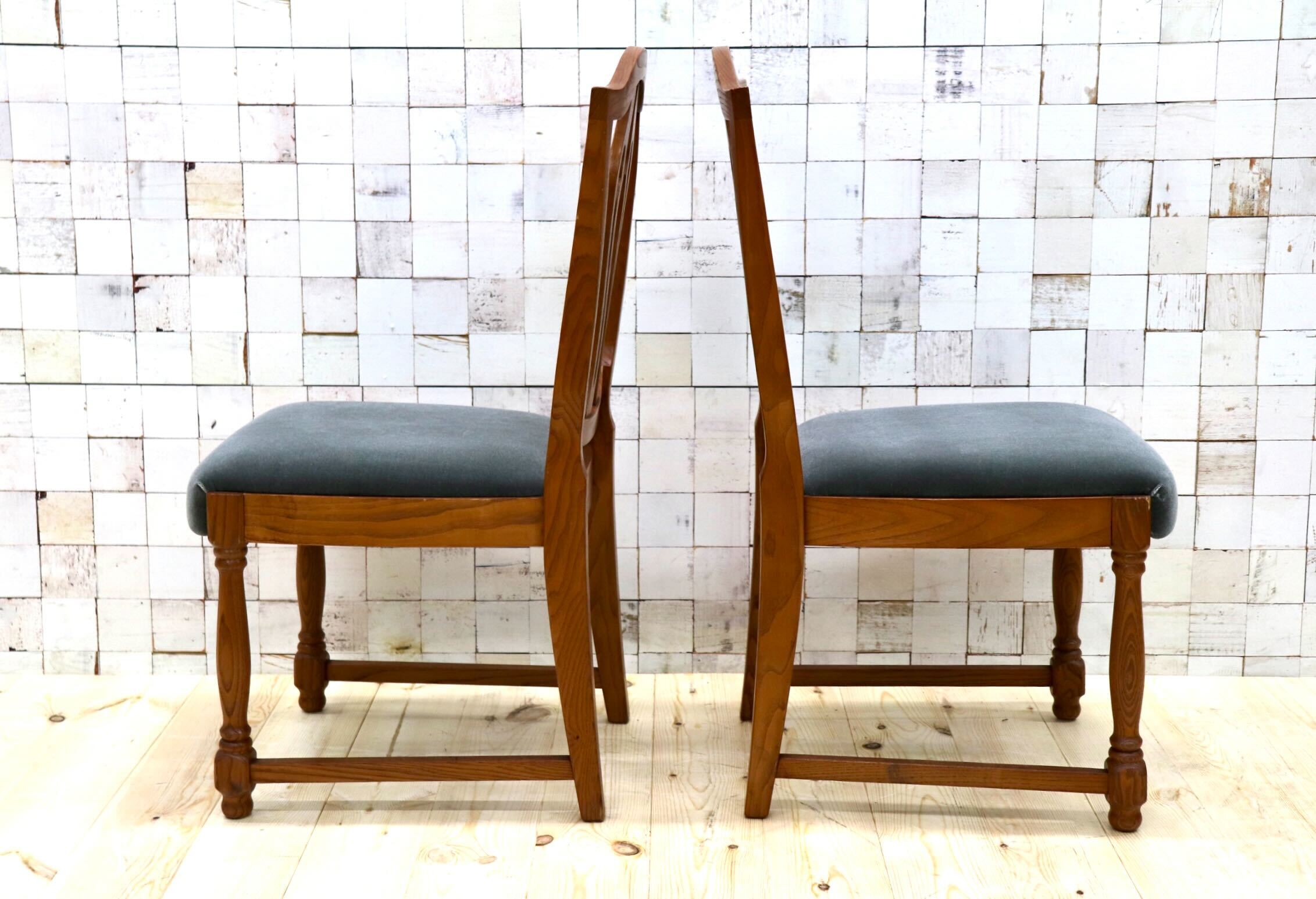 GMGT117C○英国アンティーク ダイニングチェア 食卓椅子 ファブリック グレー オーク 座面張替済 2脚セット クラシック 検)三越ブルージュ