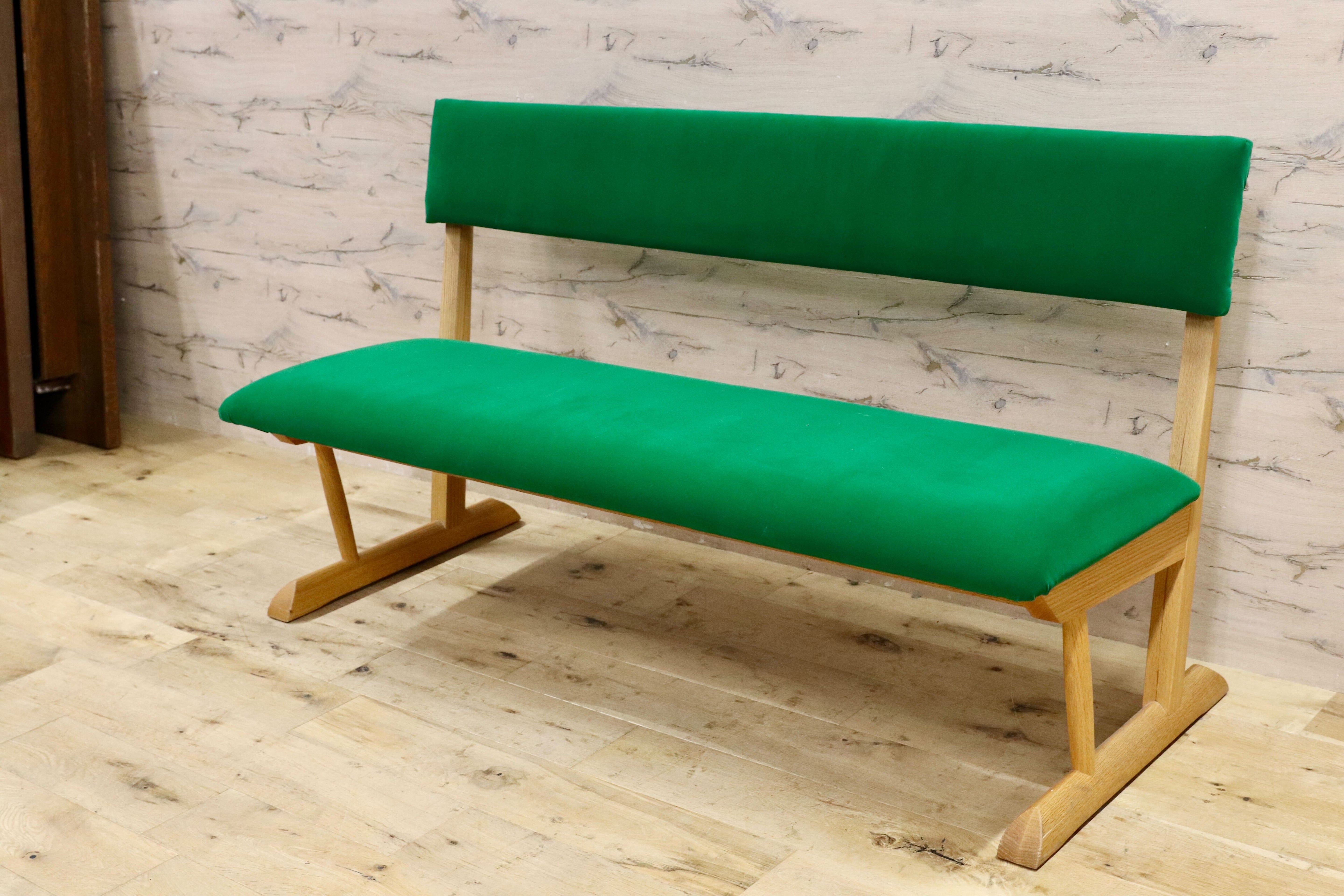 GMIK488○飛騨産業 / HIDA キツツキ KAYA カヤ ベンチ 長椅子 ダイニングチェア 椅子 オーク無垢材 飛騨家具 IDC大塚家具 緑 布張り