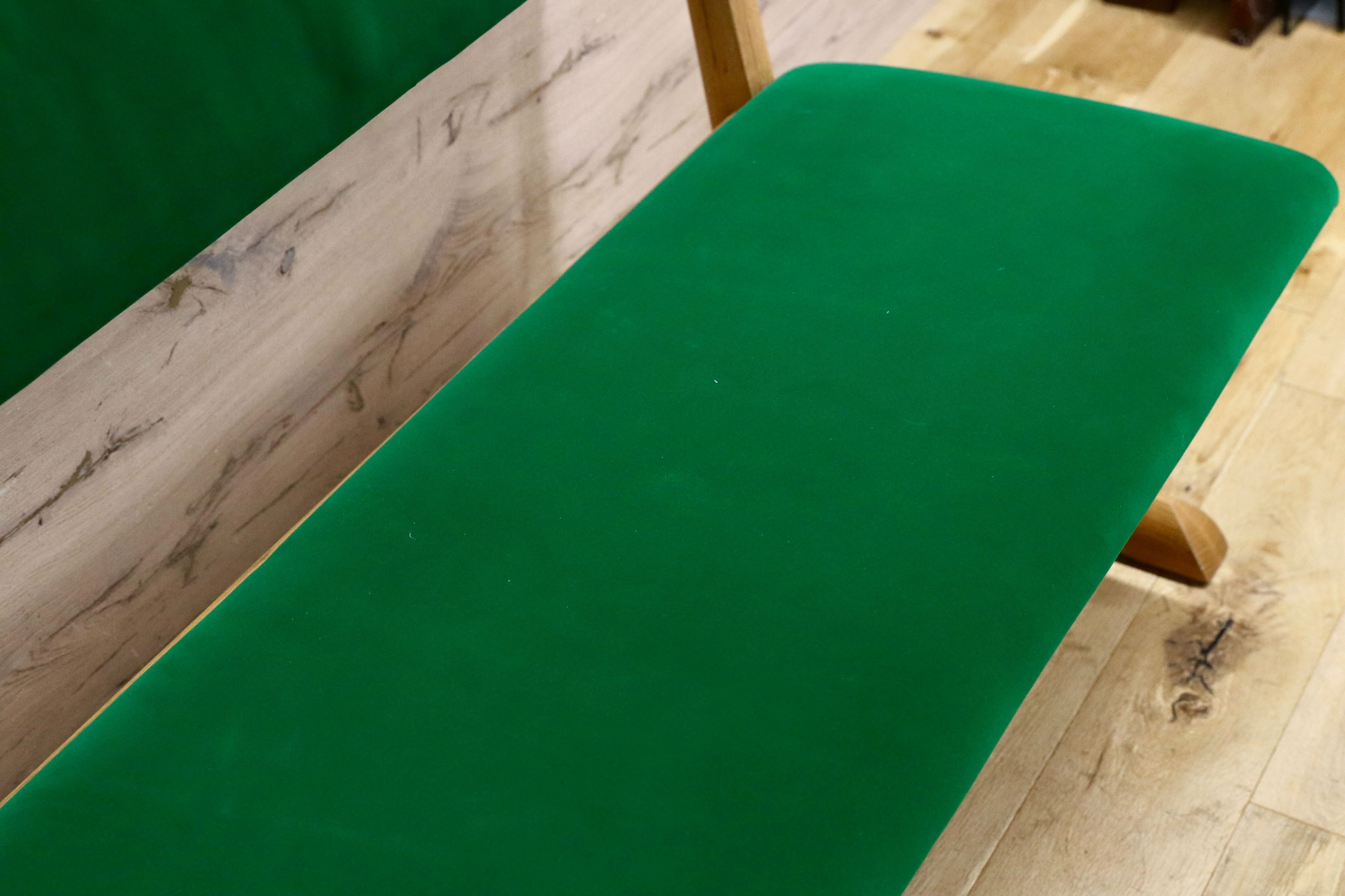 GMIK488○飛騨産業 / HIDA キツツキ KAYA カヤ ベンチ 長椅子 ダイニングチェア 椅子 オーク無垢材 飛騨家具 IDC大塚家具 緑 布張り