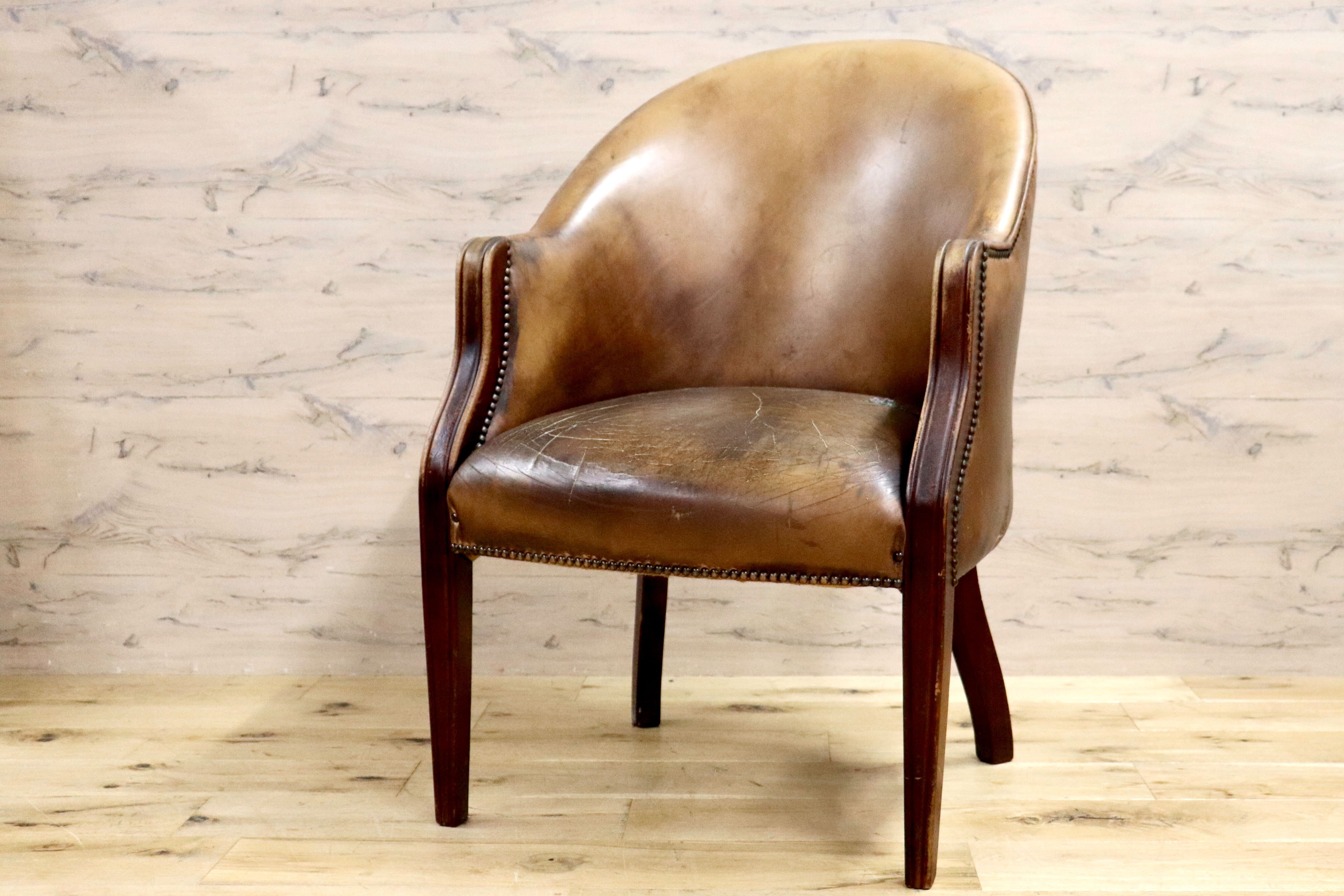 GMHK411○イギリス ヴィンテージ 1人掛けソファ ラウンジチェア デスクチェア 本革 レザー ブラウン 鋲打ち アンティーク