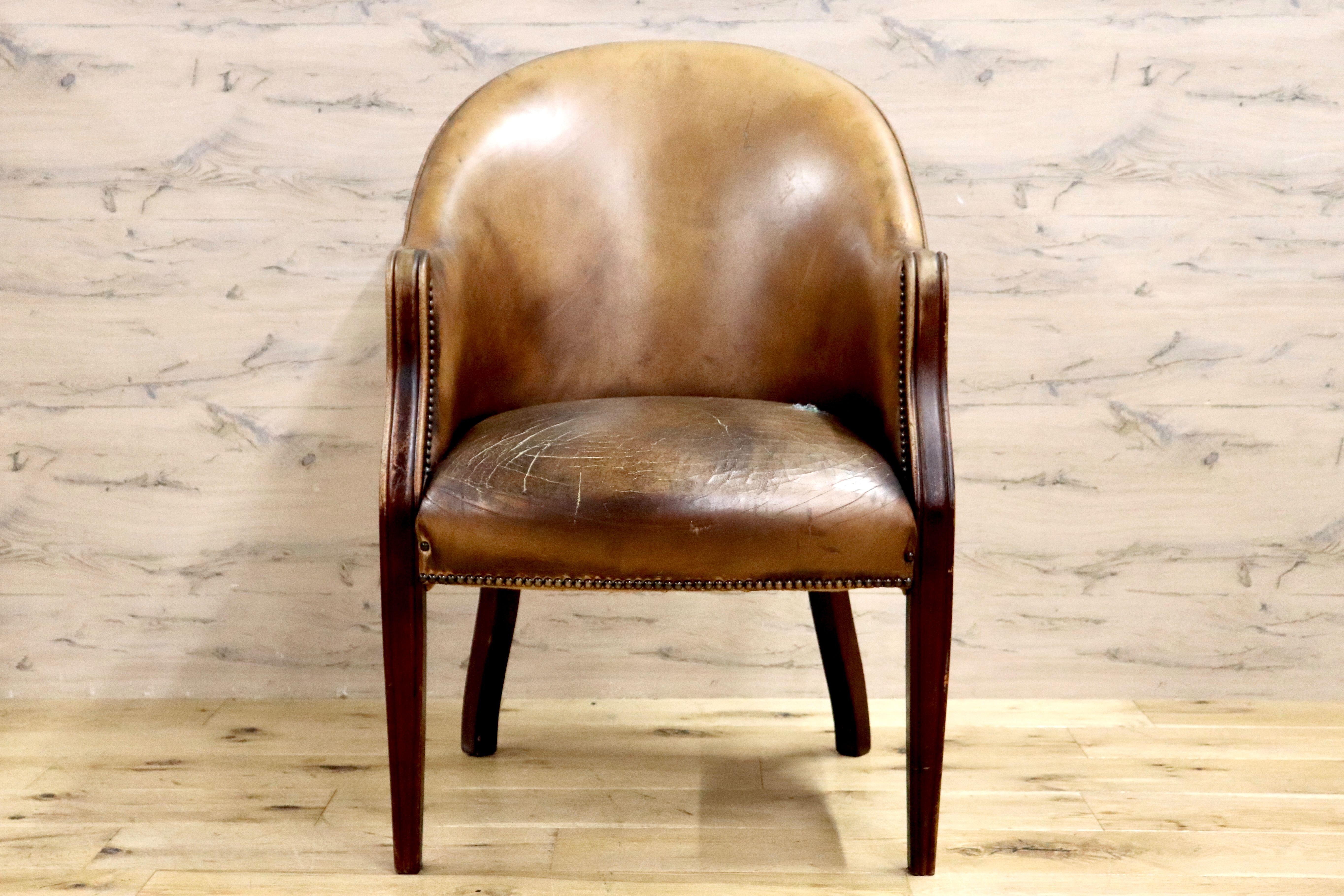 GMHK411○イギリス ヴィンテージ 1人掛けソファ ラウンジチェア デスクチェア 本革 レザー ブラウン 鋲打ち アンティーク