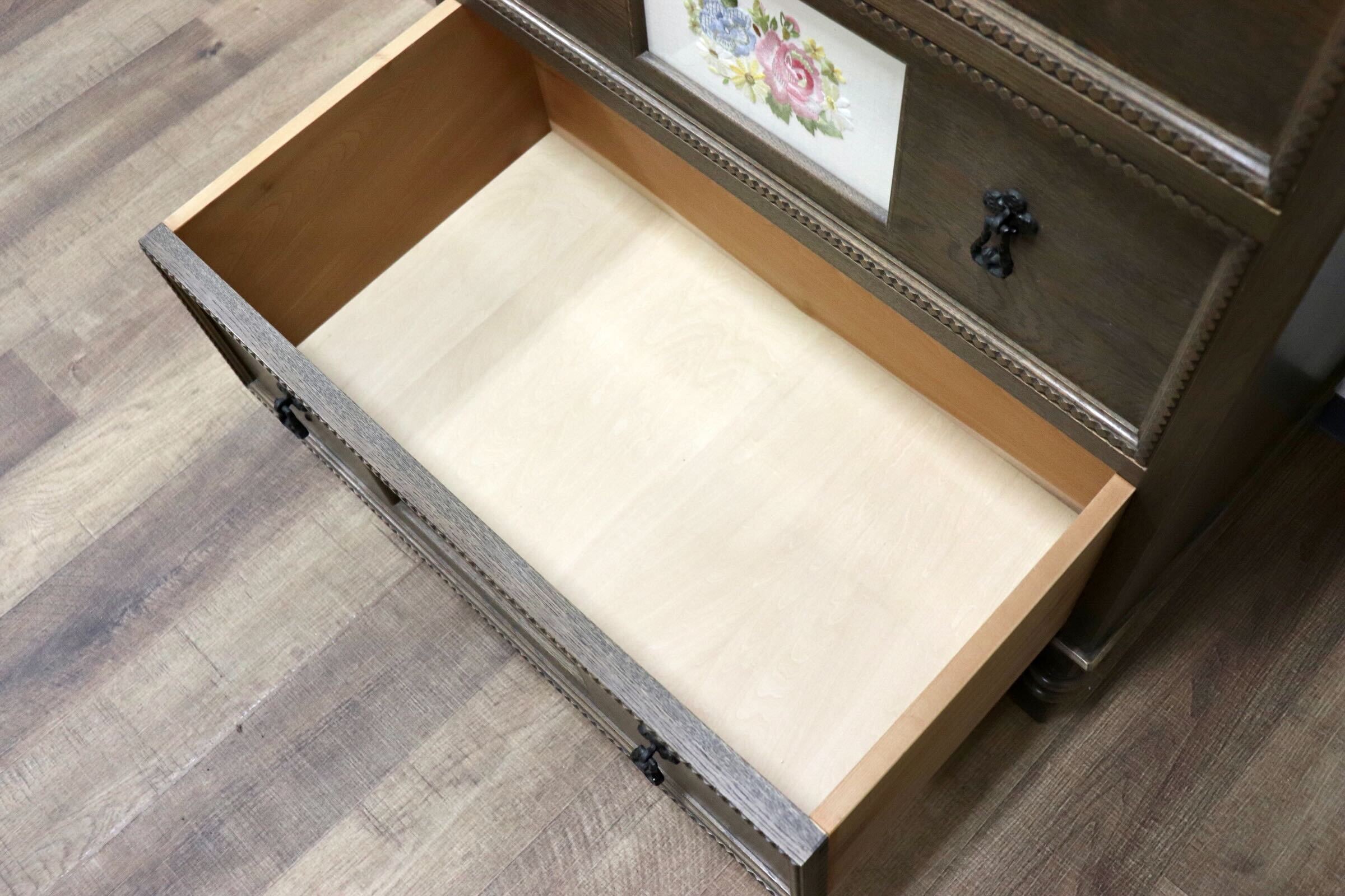 GMGN349○神戸家具 洋家具 伊藤家具 3段チェスト 整理タンス 彫刻 オーク材 クラシカル 花柄 和製ヴィンテージ アンティーク 検)永田良介