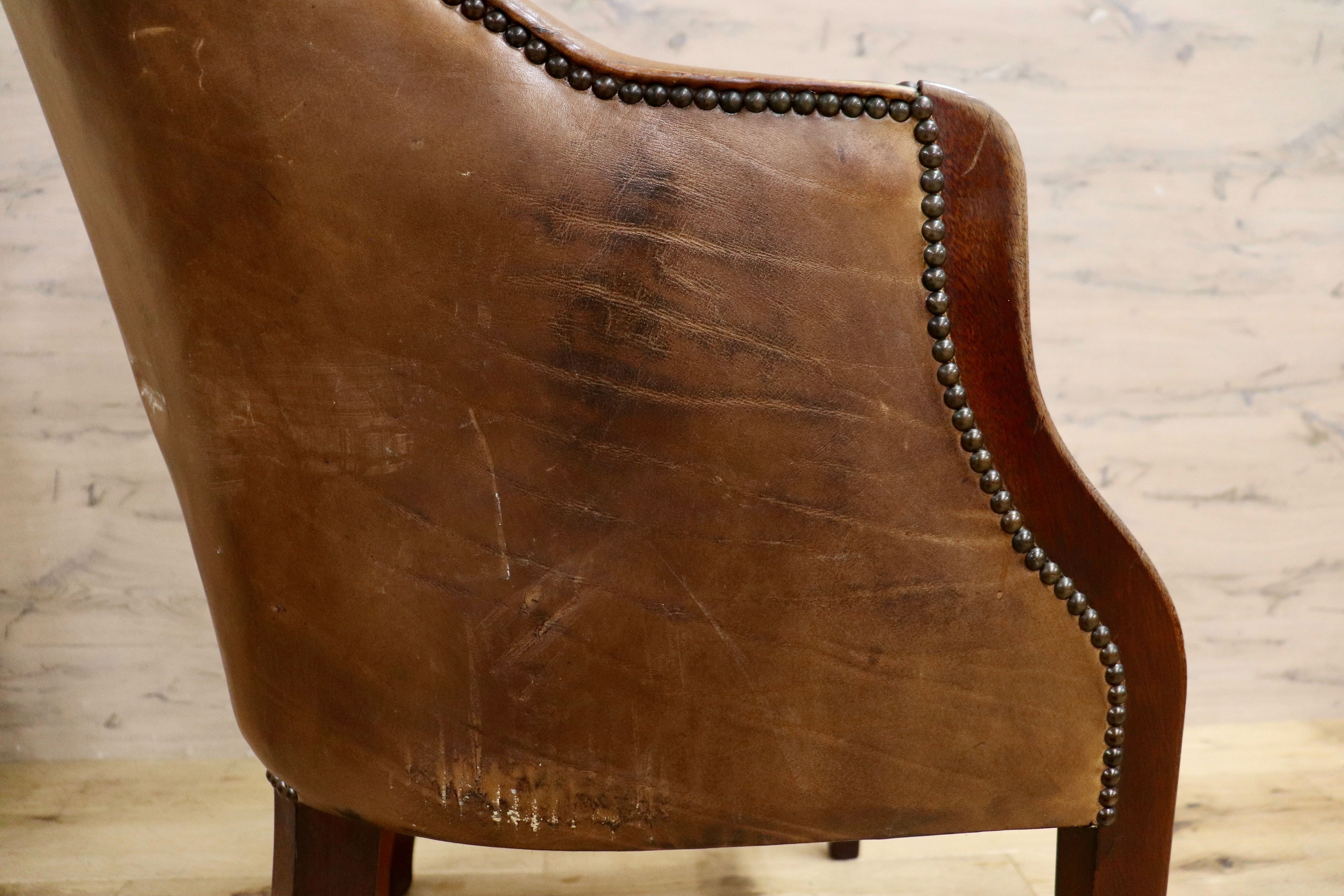 GMHK411○イギリス ヴィンテージ 1人掛けソファ ラウンジチェア デスクチェア 本革 レザー ブラウン 鋲打ち アンティーク