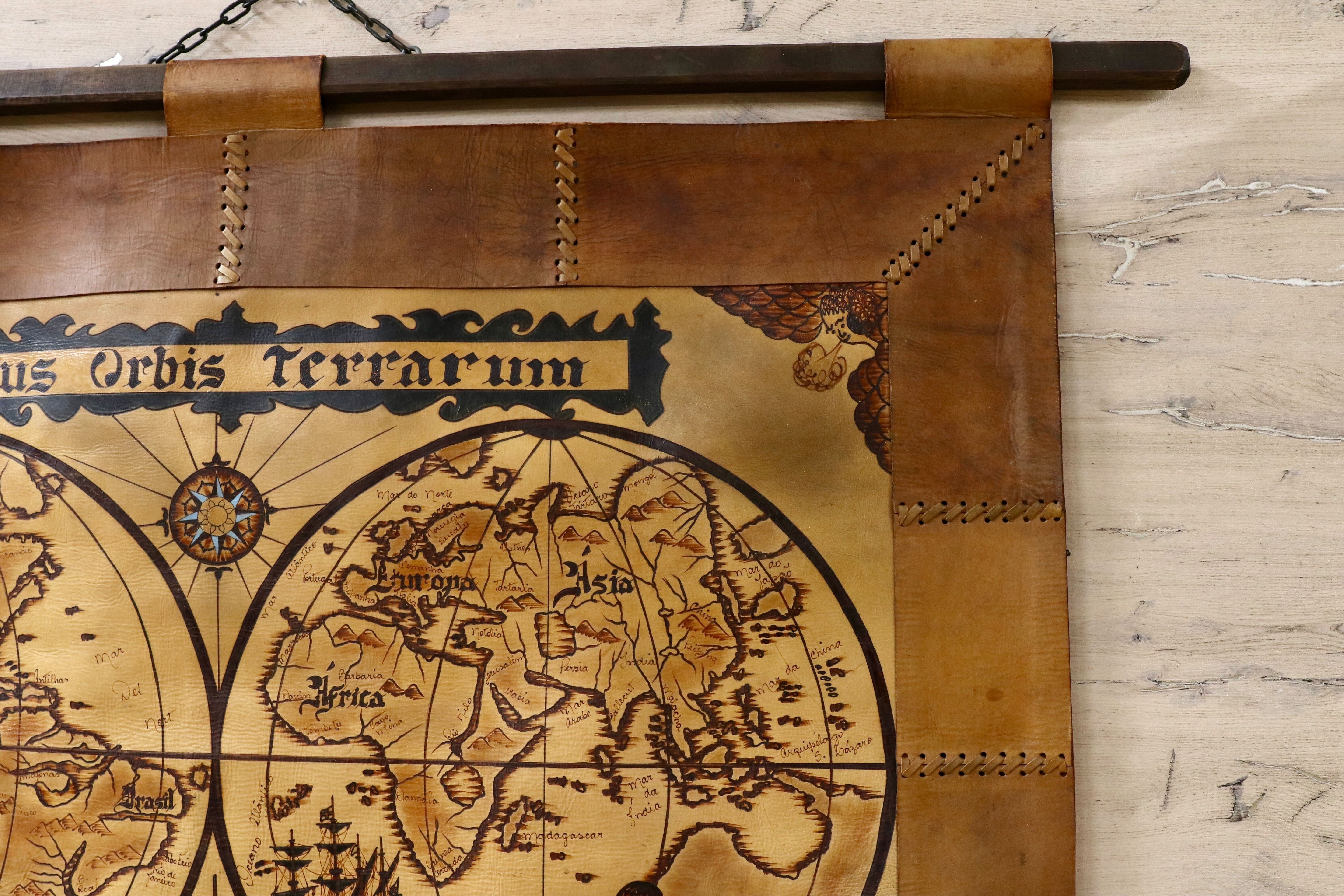 GMJK65○本革 レザーウォールデコ Typus Orbis Terrarum 古地図 世界地図 タペストリー ヴィンテージ クラシック 壁掛け インテリア