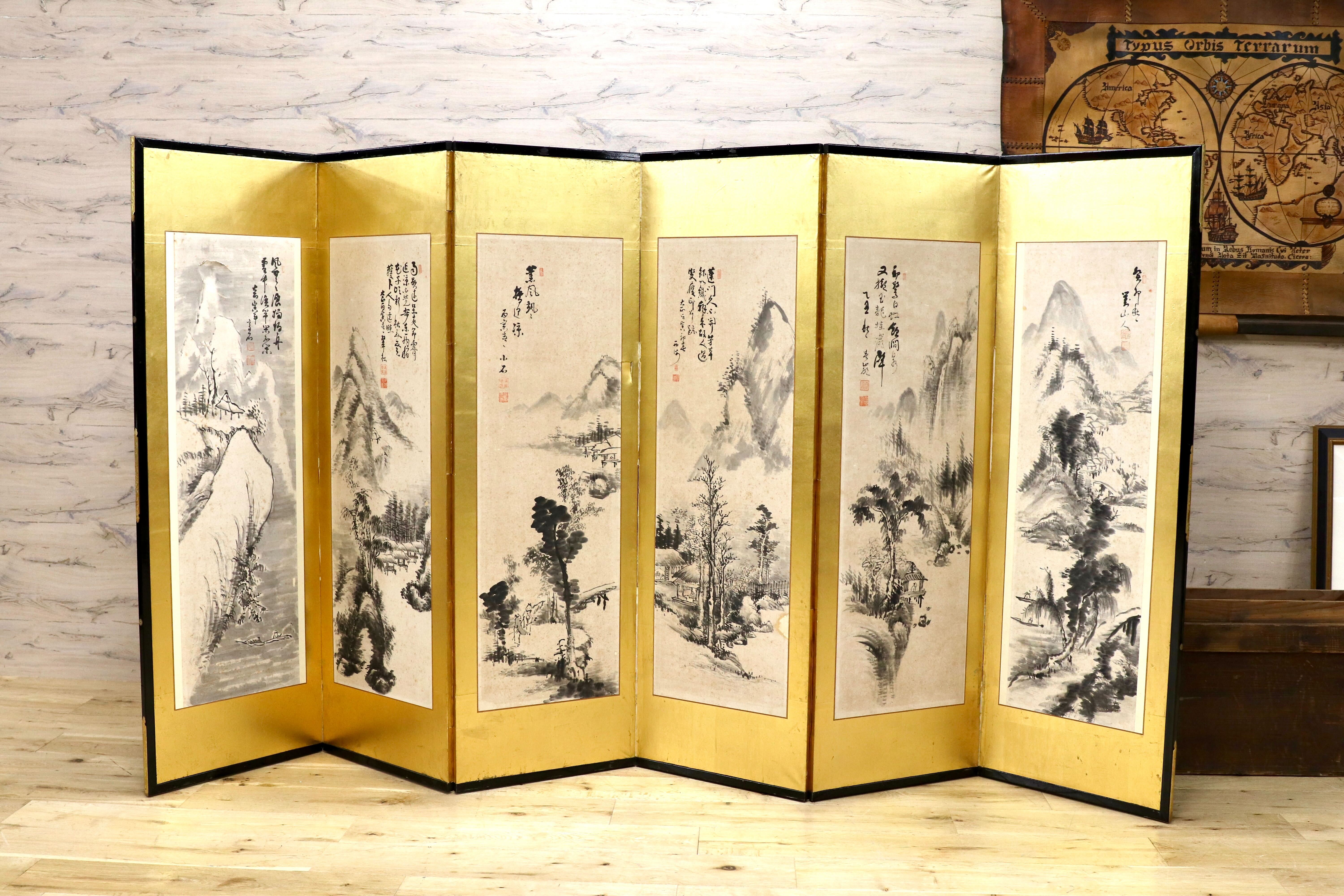 屏風 衝立 パーティション 書(水墨画) GMIK984○六曲一隻 金屏風 山水図屏風 水墨山水 在銘 落款あり 和