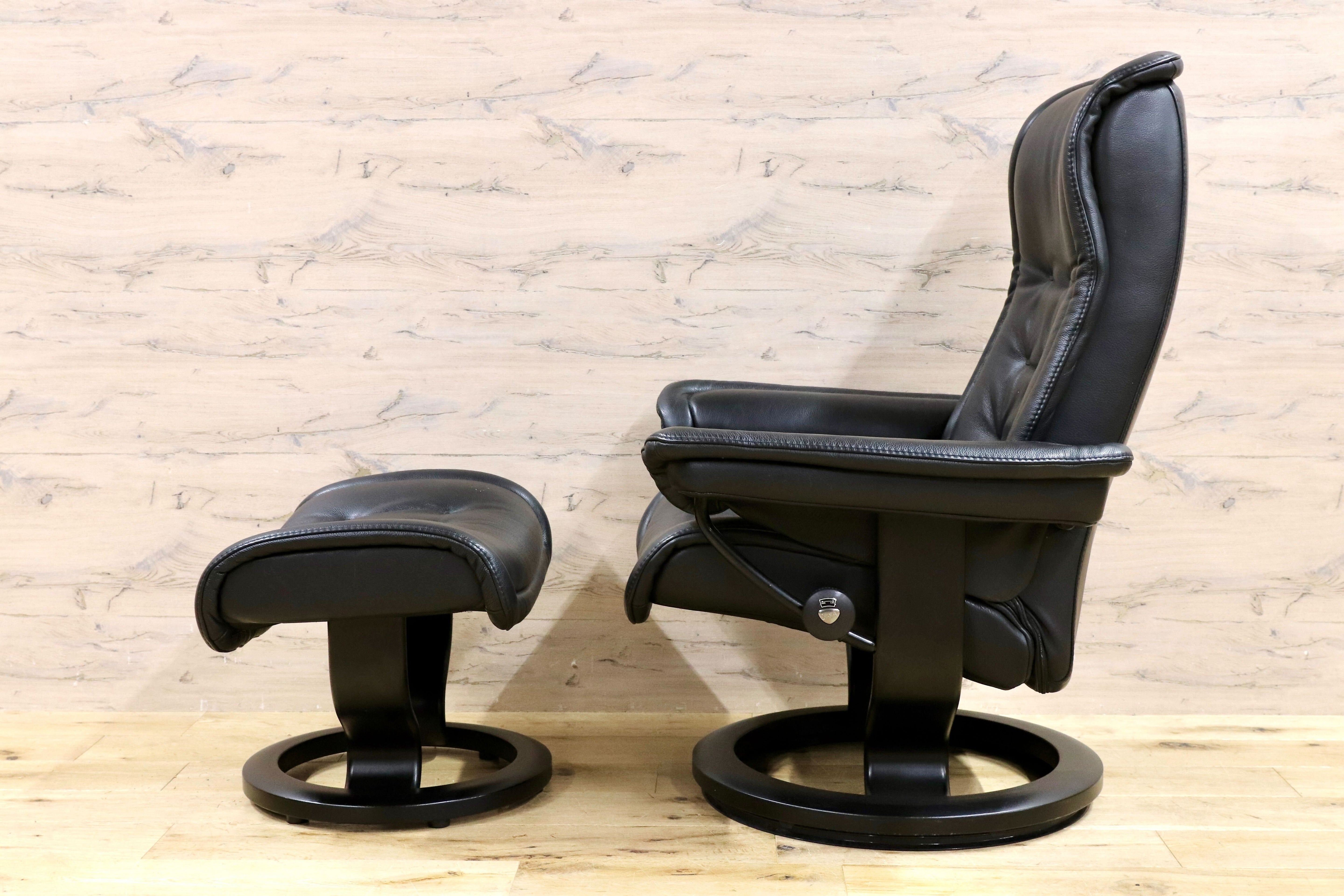 GMHH373○EKORNES / エコーネス ロイヤル リクライニングチェア パーソナルチェア ブラック 本革 北欧 ノルウェー 最高級