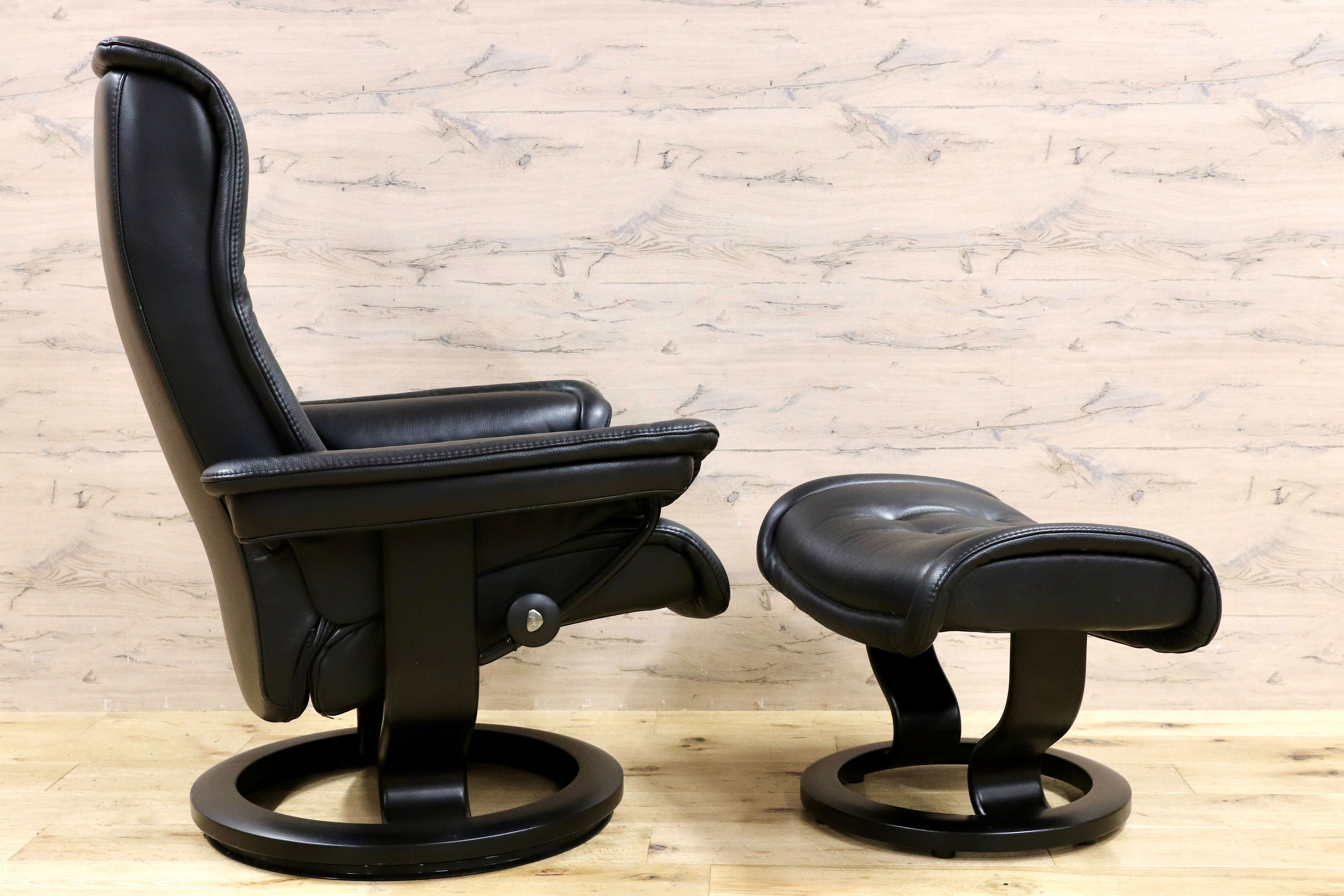 GMHH373○EKORNES / エコーネス ロイヤル リクライニングチェア パーソナルチェア ブラック 本革 北欧 ノルウェー 最高級