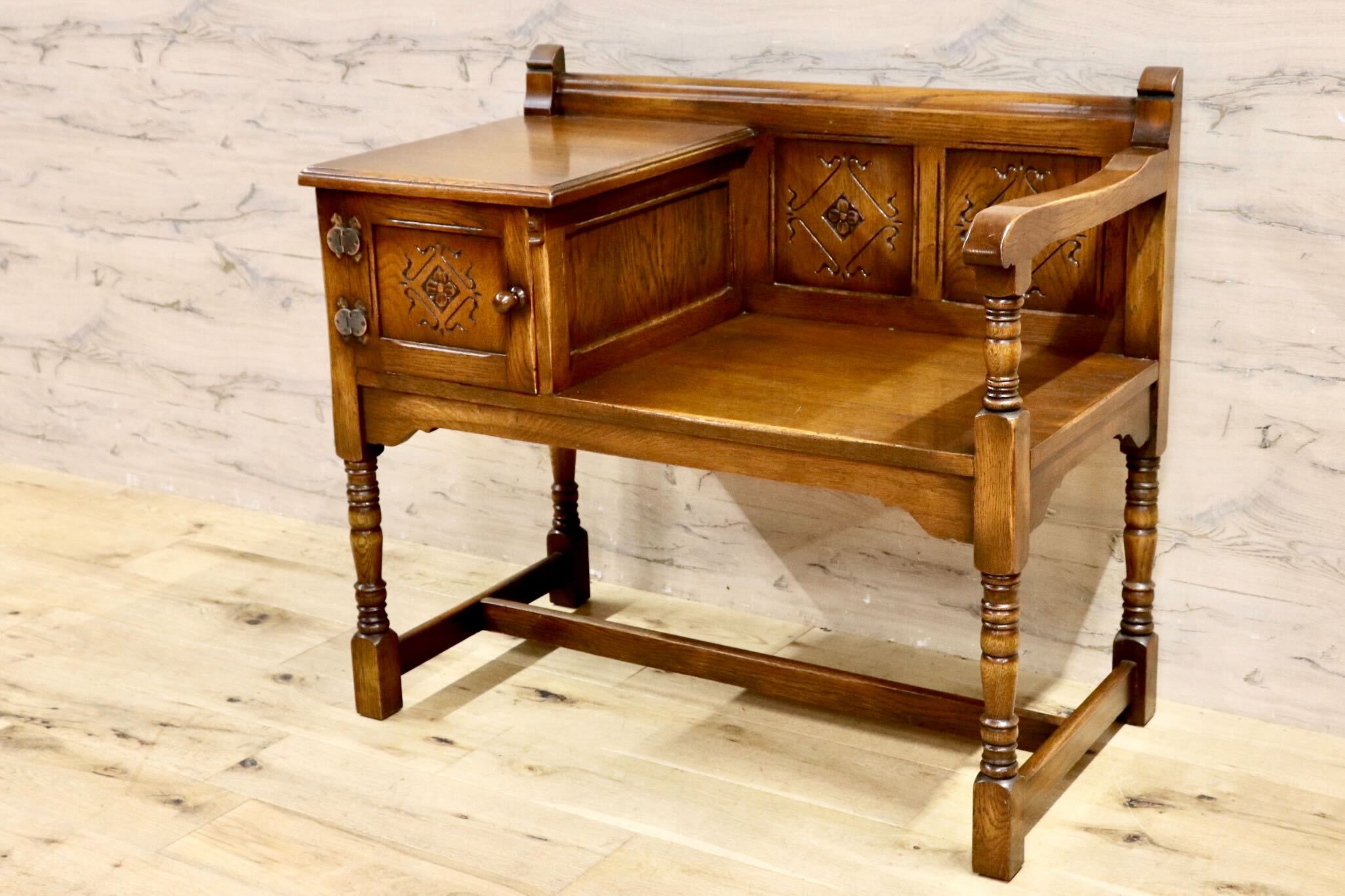 GMIS283○西洋アンティーク イギリス テレフォンベンチ チェア 椅子 レトロ ヨーロピアン クラシック ヴィンテージ オーク無垢材