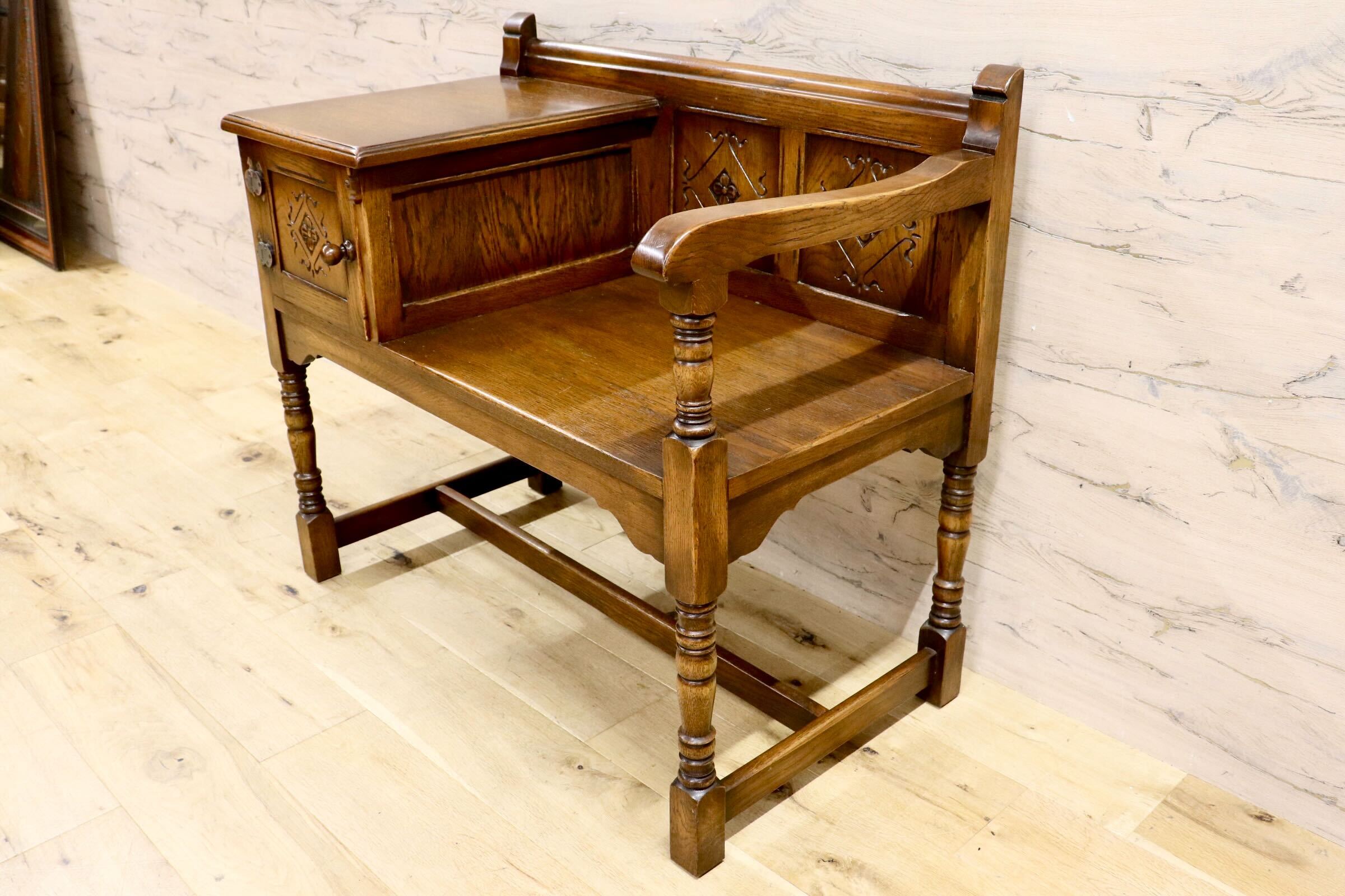 GMIS283○西洋アンティーク イギリス テレフォンベンチ チェア 椅子 レトロ ヨーロピアン クラシック ヴィンテージ オーク無垢材