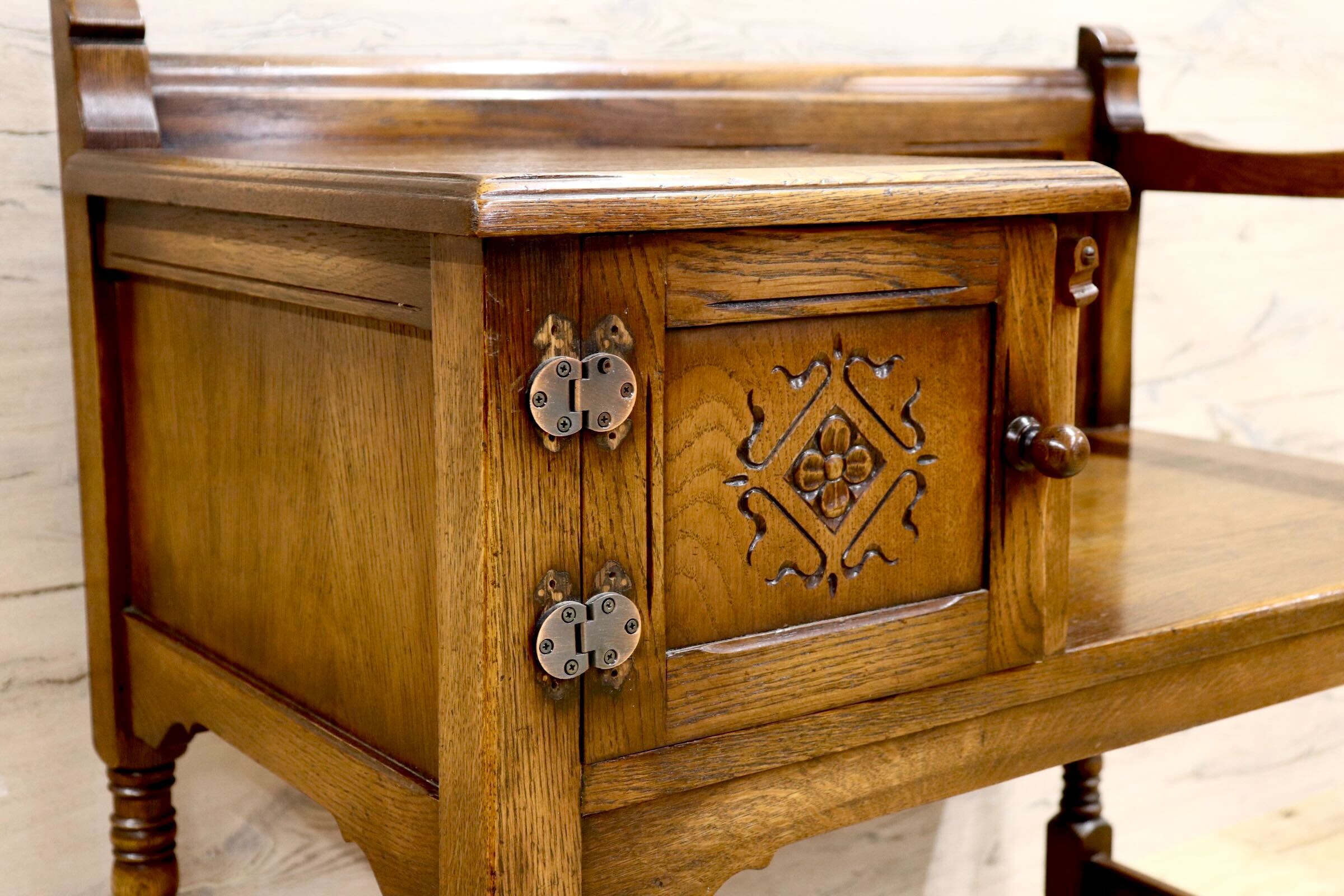 GMIS283○西洋アンティーク イギリス テレフォンベンチ チェア 椅子 レトロ ヨーロピアン クラシック ヴィンテージ オーク無垢材