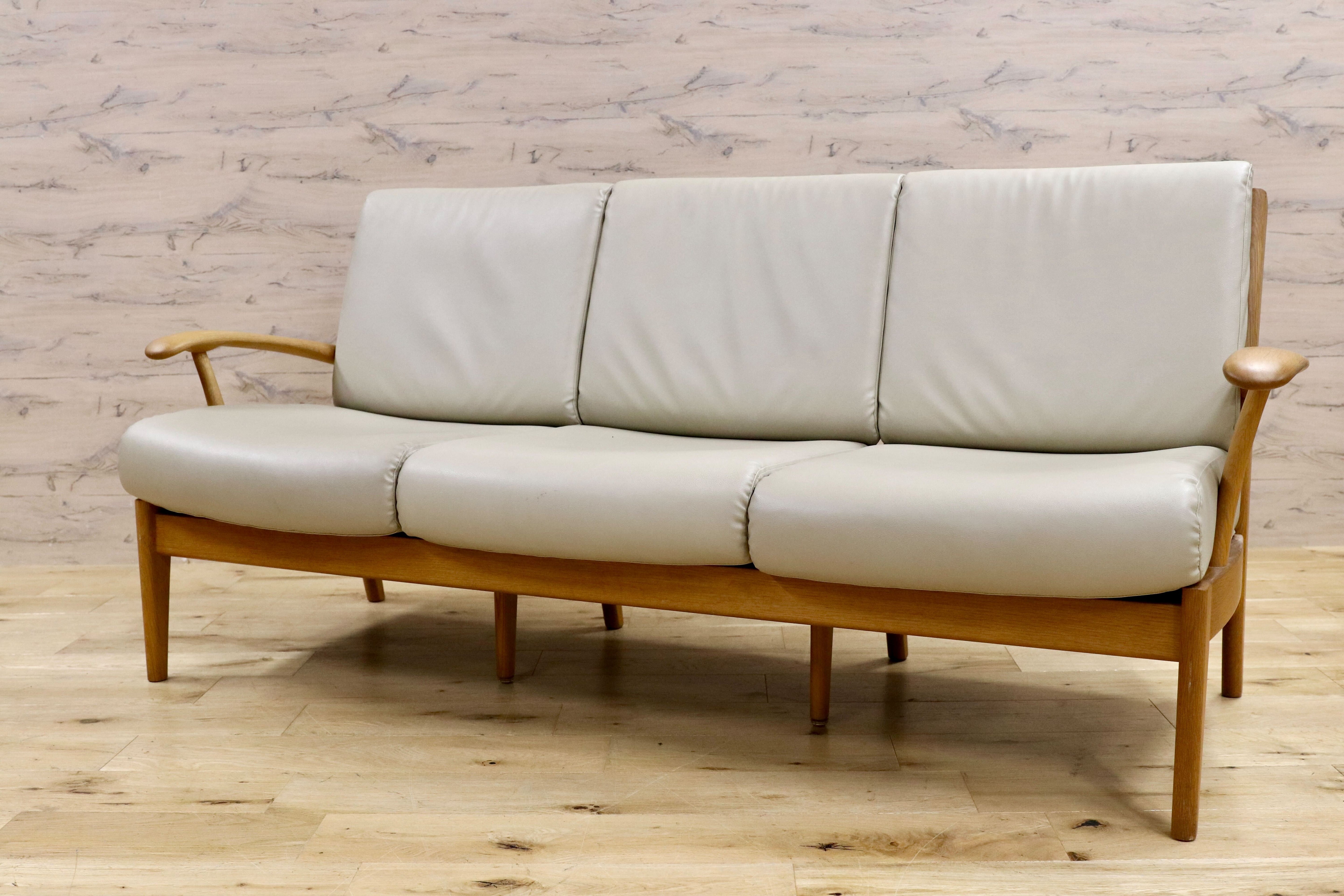 GMIS173○飛騨産業 / HIDA キツツキ CRESCENT クレセント 3人掛けソファ トリプルソファ オーク 佐々木敏光 合皮 約33万