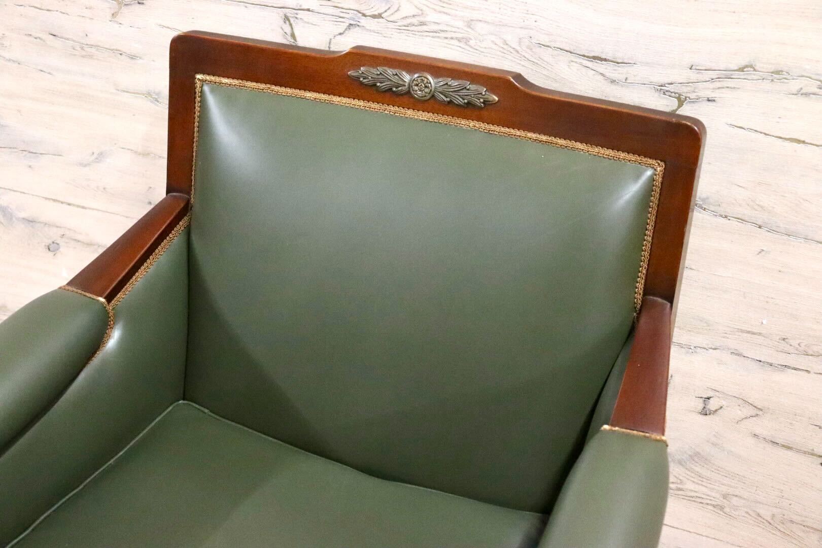 GMHN114B○メープル不二屋 1人掛けソファ シングルソファ ラウンジチェア 応接 本革 グリーン クラシック ヨーロピアン 神戸洋家具 美品