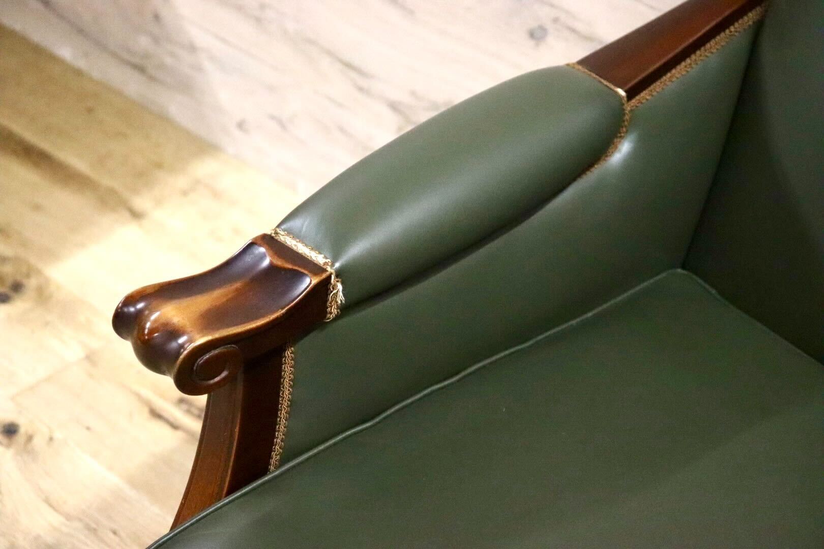 GMHN114B○メープル不二屋 1人掛けソファ シングルソファ ラウンジチェア 応接 本革 グリーン クラシック ヨーロピアン 神戸洋家具 美品