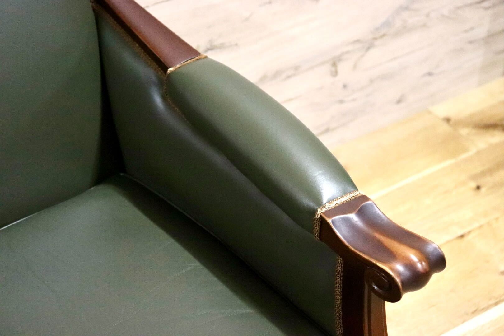 GMHN114B○メープル不二屋 1人掛けソファ シングルソファ ラウンジチェア 応接 本革 グリーン クラシック ヨーロピアン 神戸洋家具 美品