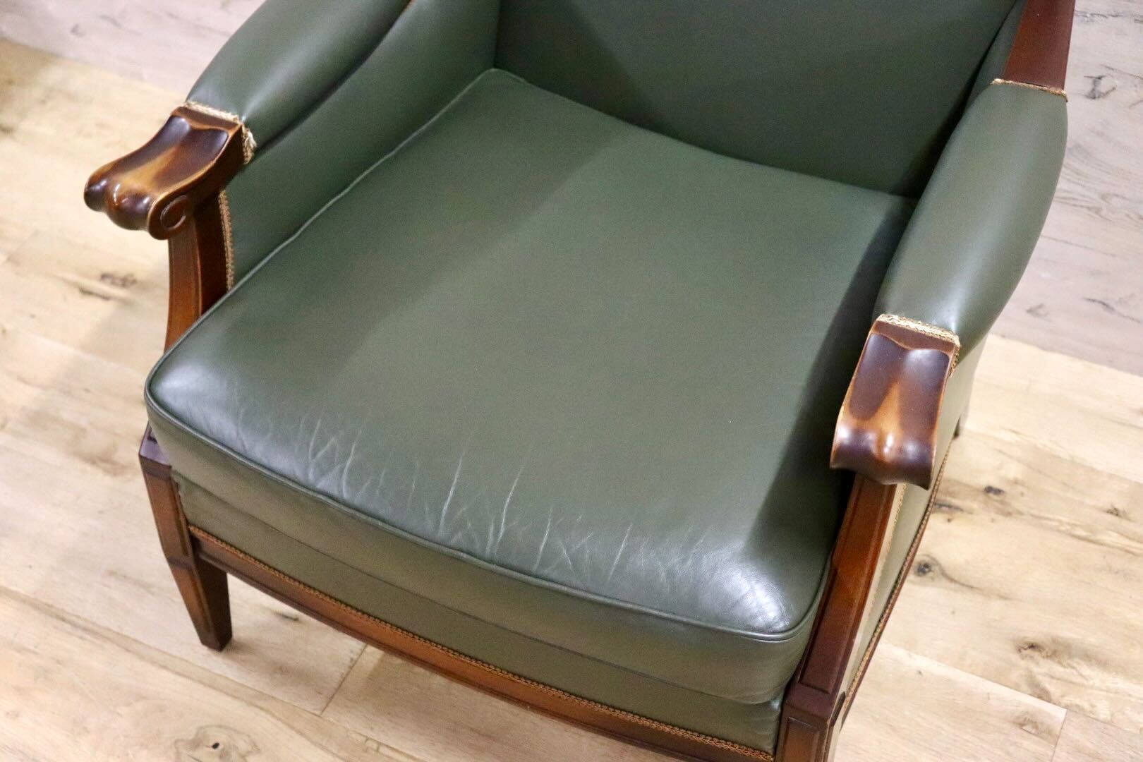 GMHN114B○メープル不二屋 1人掛けソファ シングルソファ ラウンジチェア 応接 本革 グリーン クラシック ヨーロピアン 神戸洋家具 美品