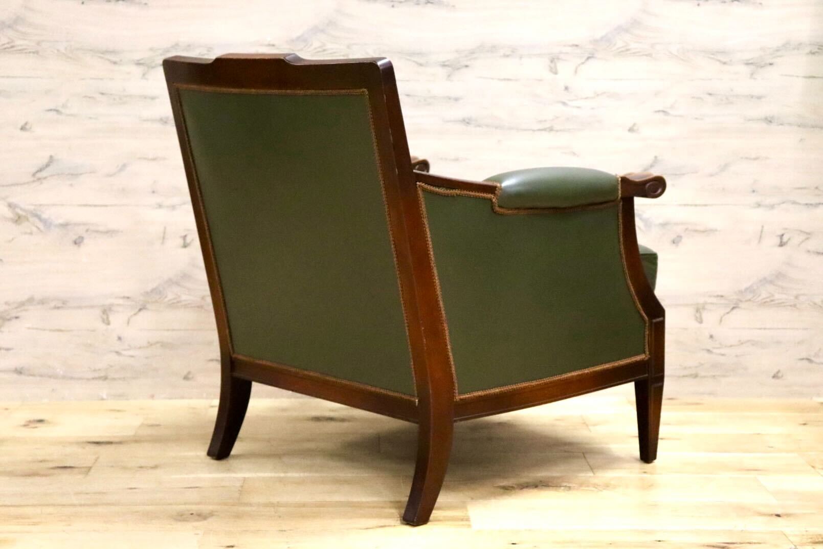 GMHN114B○メープル不二屋 1人掛けソファ シングルソファ ラウンジチェア 応接 本革 グリーン クラシック ヨーロピアン 神戸洋家具 美品