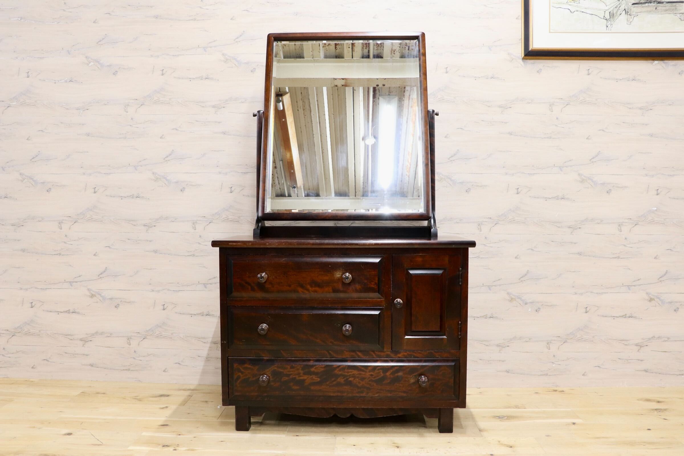 GMIS568○北海道民芸家具 ドレッサー 鏡台 化粧台 ミラー チェスト 整理箪笥 収納家具 樺材 アンティーク レトロ 古民家 和モダン 国産家具