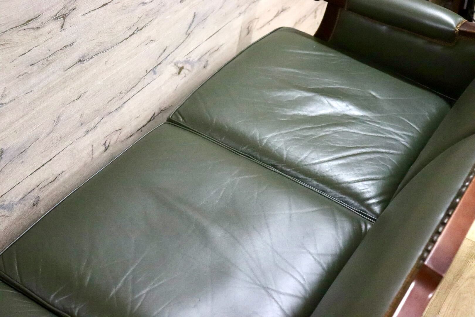 GMHN114○メープル不二屋 3人掛けソファ トリプルソファ 長椅子 本革 グリーン 応接 ヨーロピアン クラシック 美品