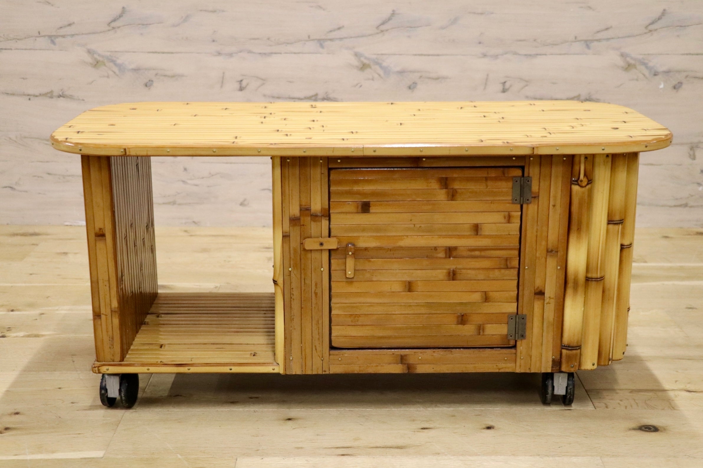 GMJK303E○梅里竹芸 ベンチテーブル サイドテーブル 飾り棚 収納 キャスター 和モダン 最高級真竹 宮崎伝統工芸家具 定価約11万円