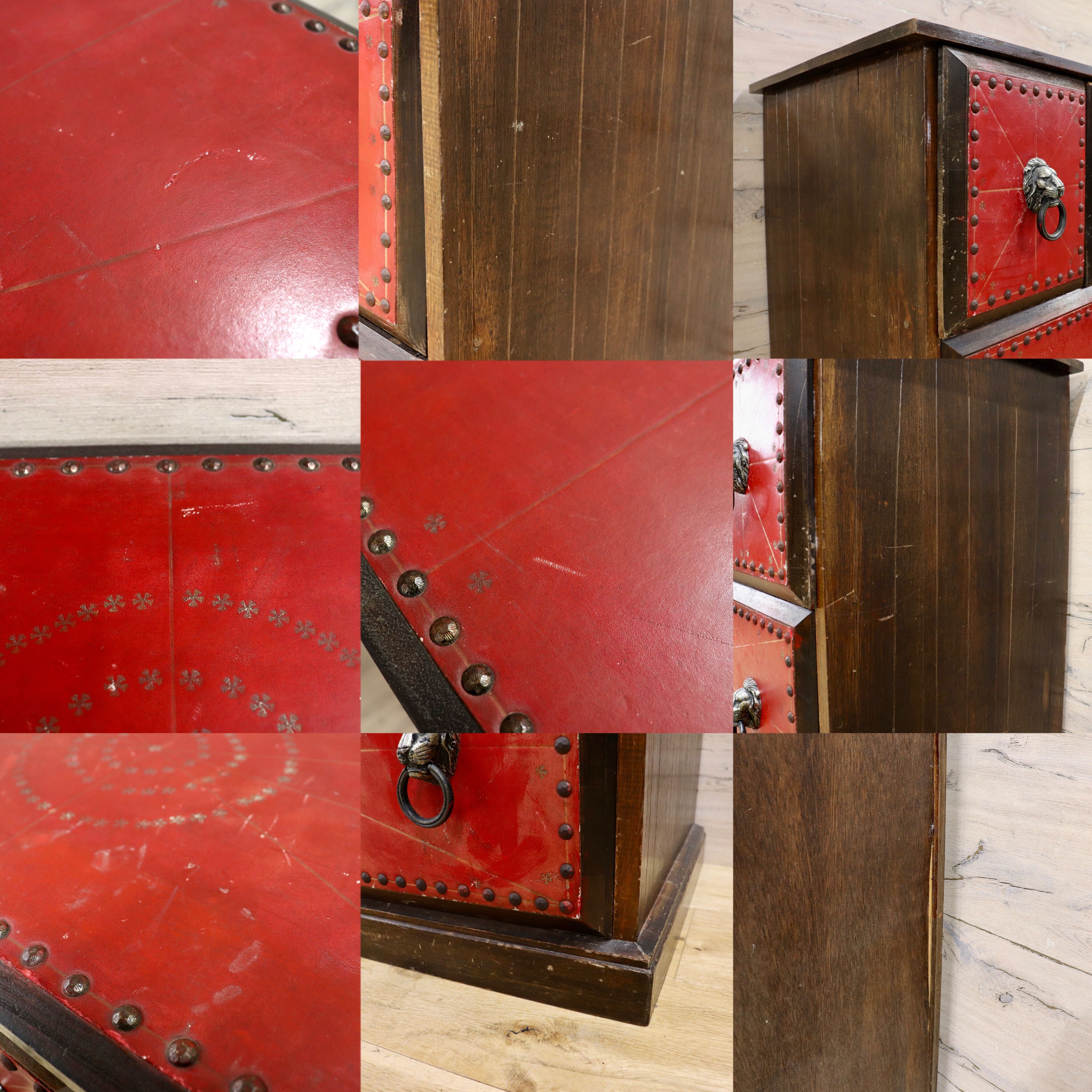 GMHK874○木製チェスト 引き出し 箪笥 収納家具 鋲打ち レザー ライオン 古道具 ヴィンテージ アンティーク