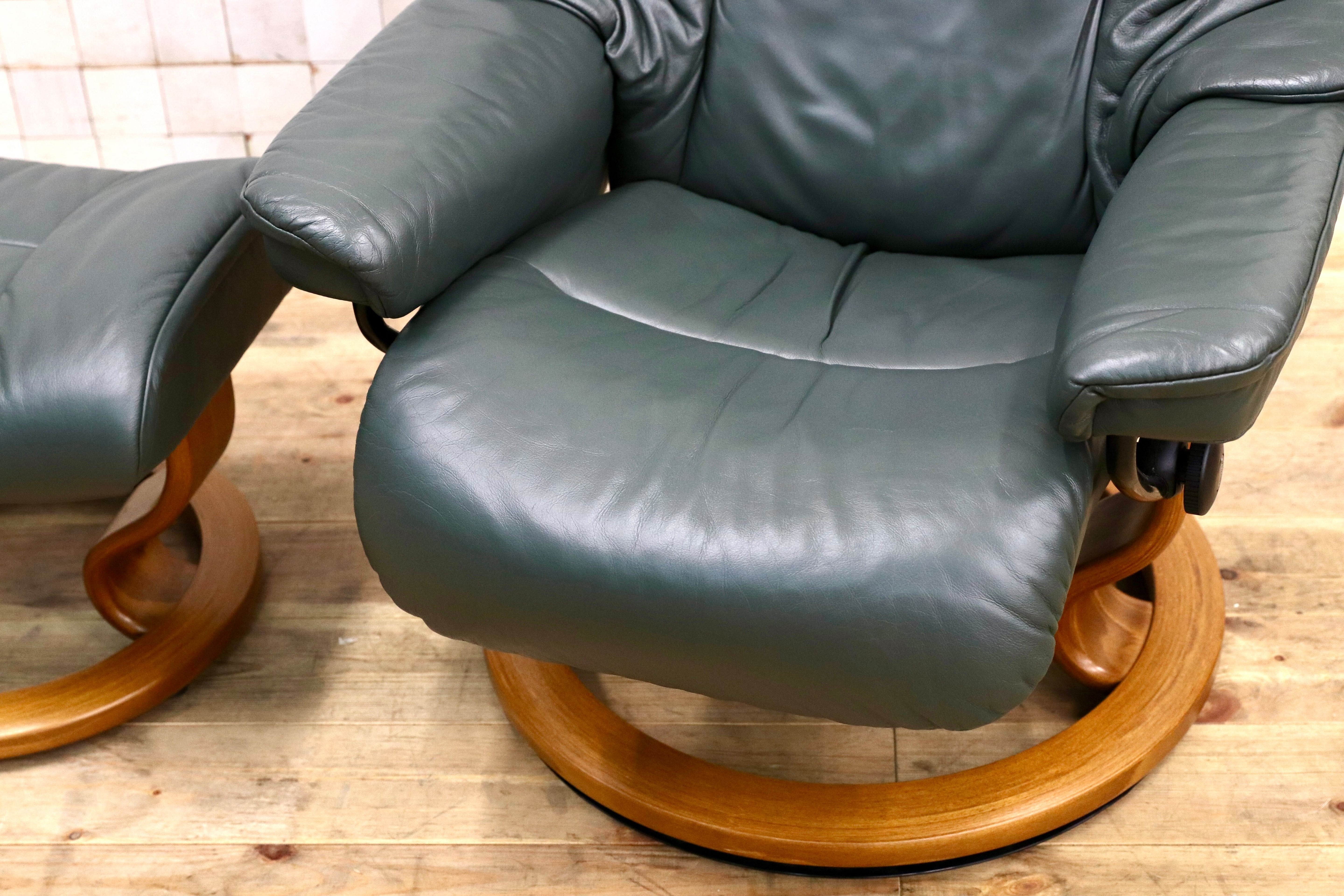 GMIH358○EKORNES / エコーネス ストレスレスレノ Reno リクライニングチェア シングルソファ 1人掛けソファ 緑 本革 北欧 ノルウェー
