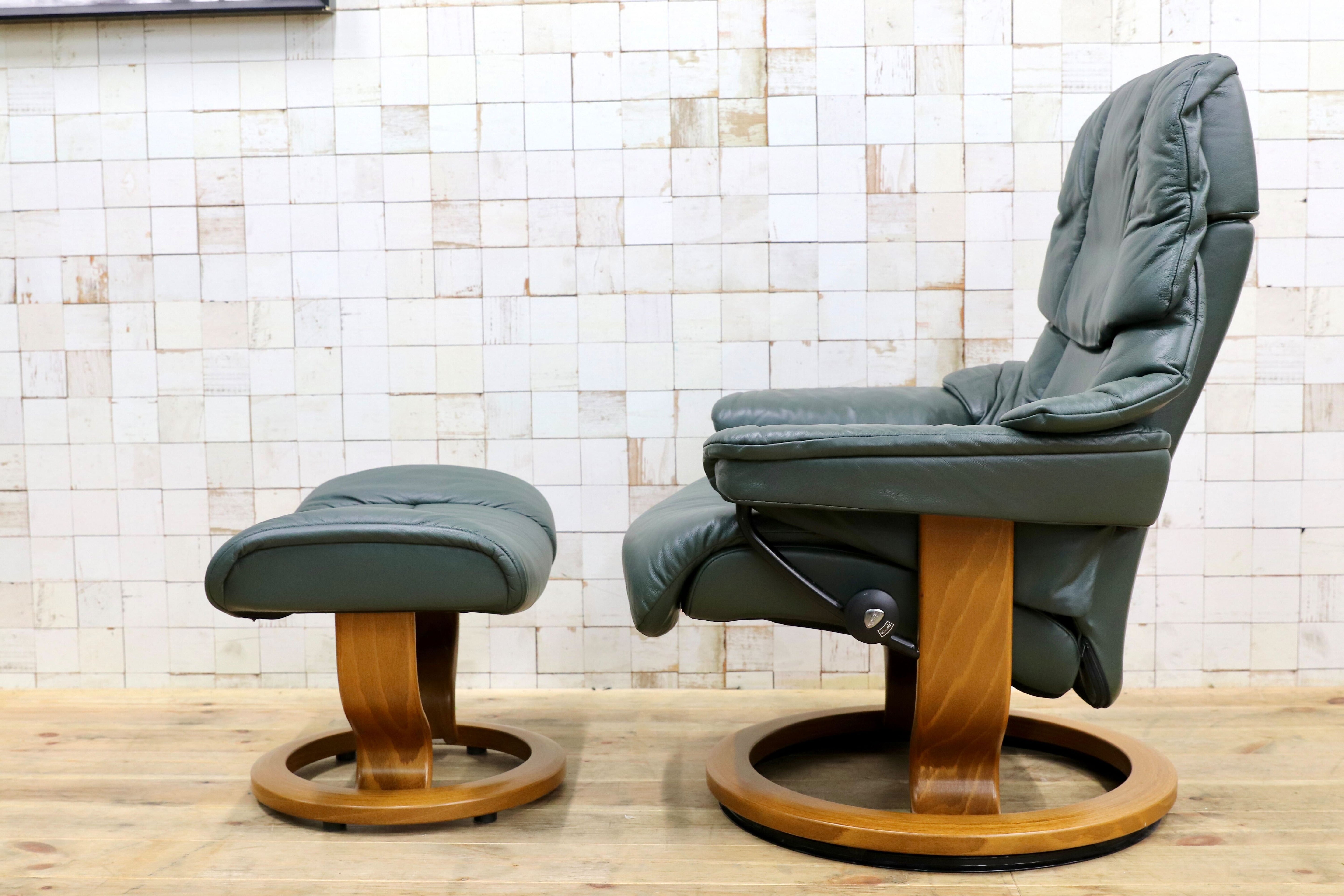 GMIH358○EKORNES / エコーネス ストレスレスレノ Reno リクライニングチェア シングルソファ 1人掛けソファ 緑 本革 北欧 ノルウェー