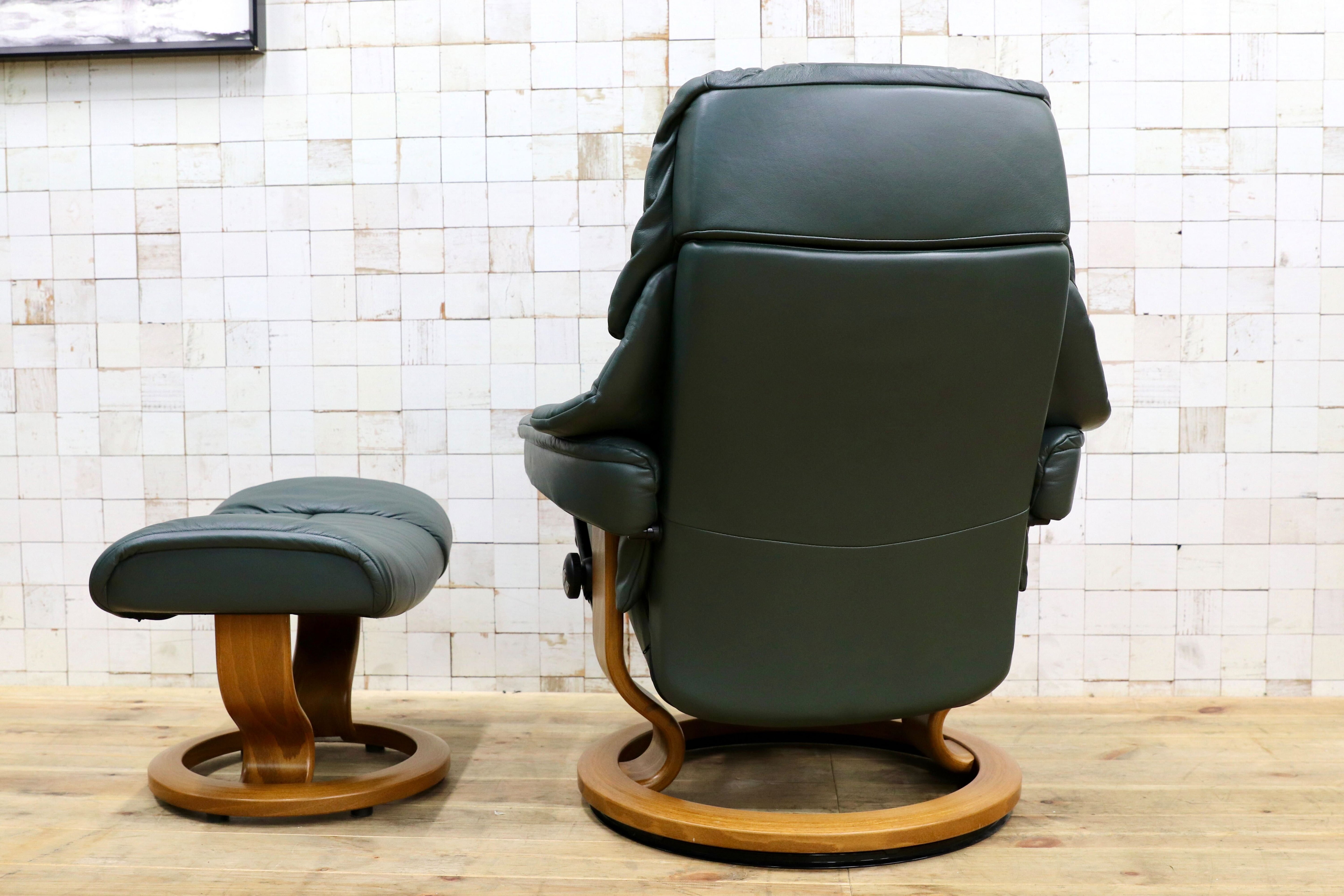 GMIH358○EKORNES / エコーネス ストレスレスレノ Reno リクライニングチェア シングルソファ 1人掛けソファ 緑 本革 北欧 ノルウェー