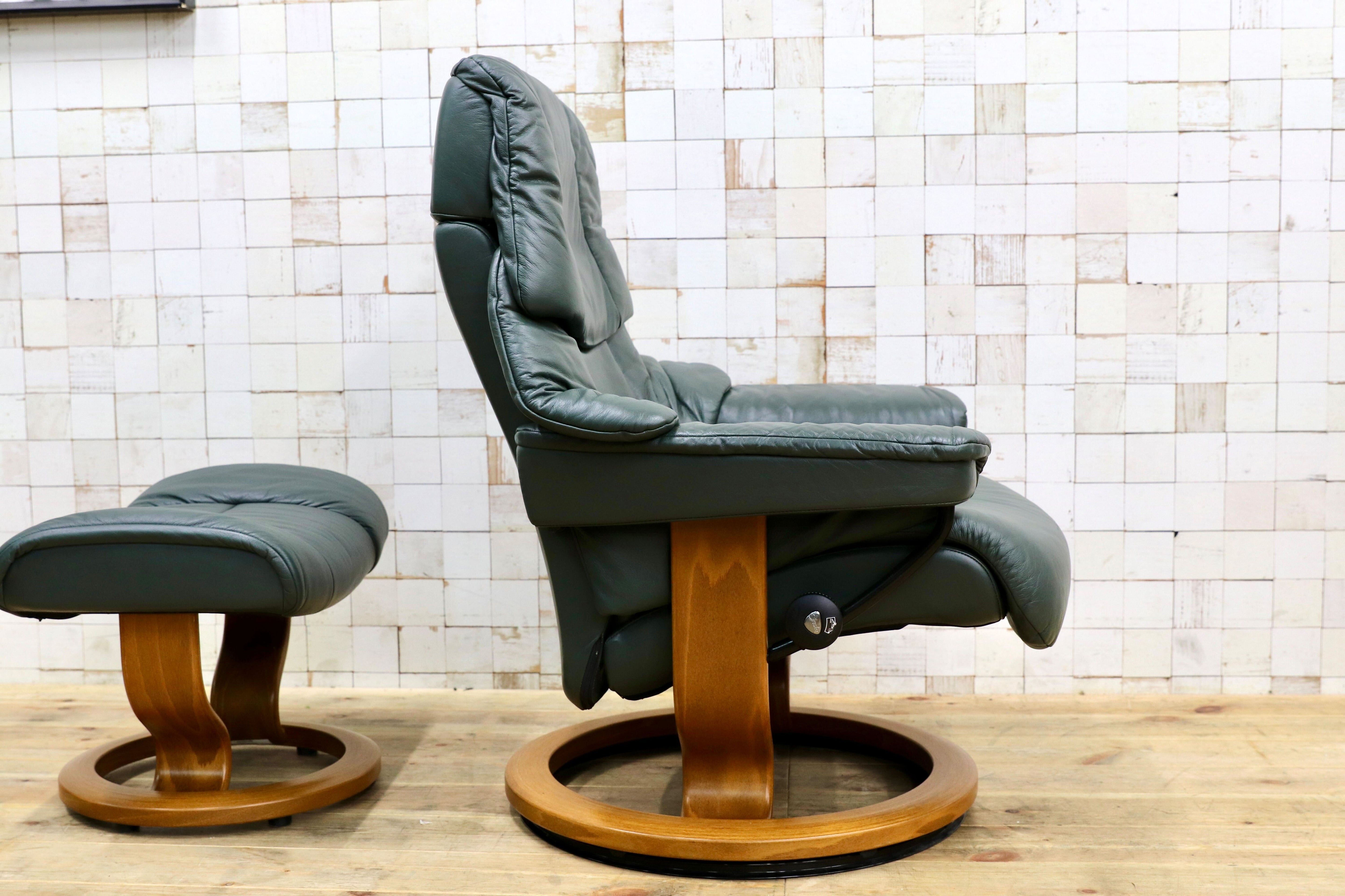 GMIH358○EKORNES / エコーネス ストレスレスレノ Reno リクライニングチェア シングルソファ 1人掛けソファ 緑 本革 北欧 ノルウェー