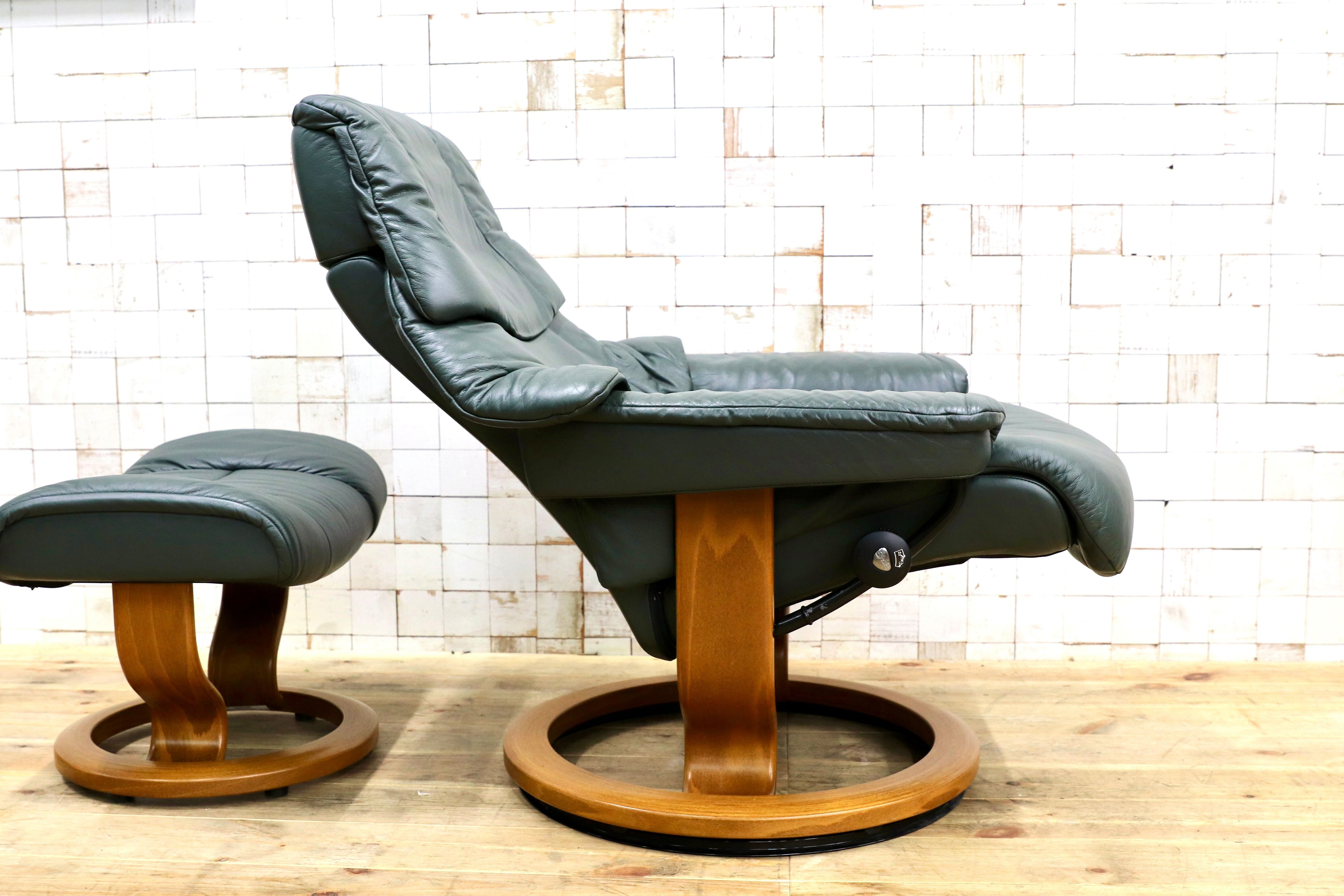 GMIH358○EKORNES / エコーネス ストレスレスレノ Reno リクライニングチェア シングルソファ 1人掛けソファ 緑 本革 北欧 ノルウェー