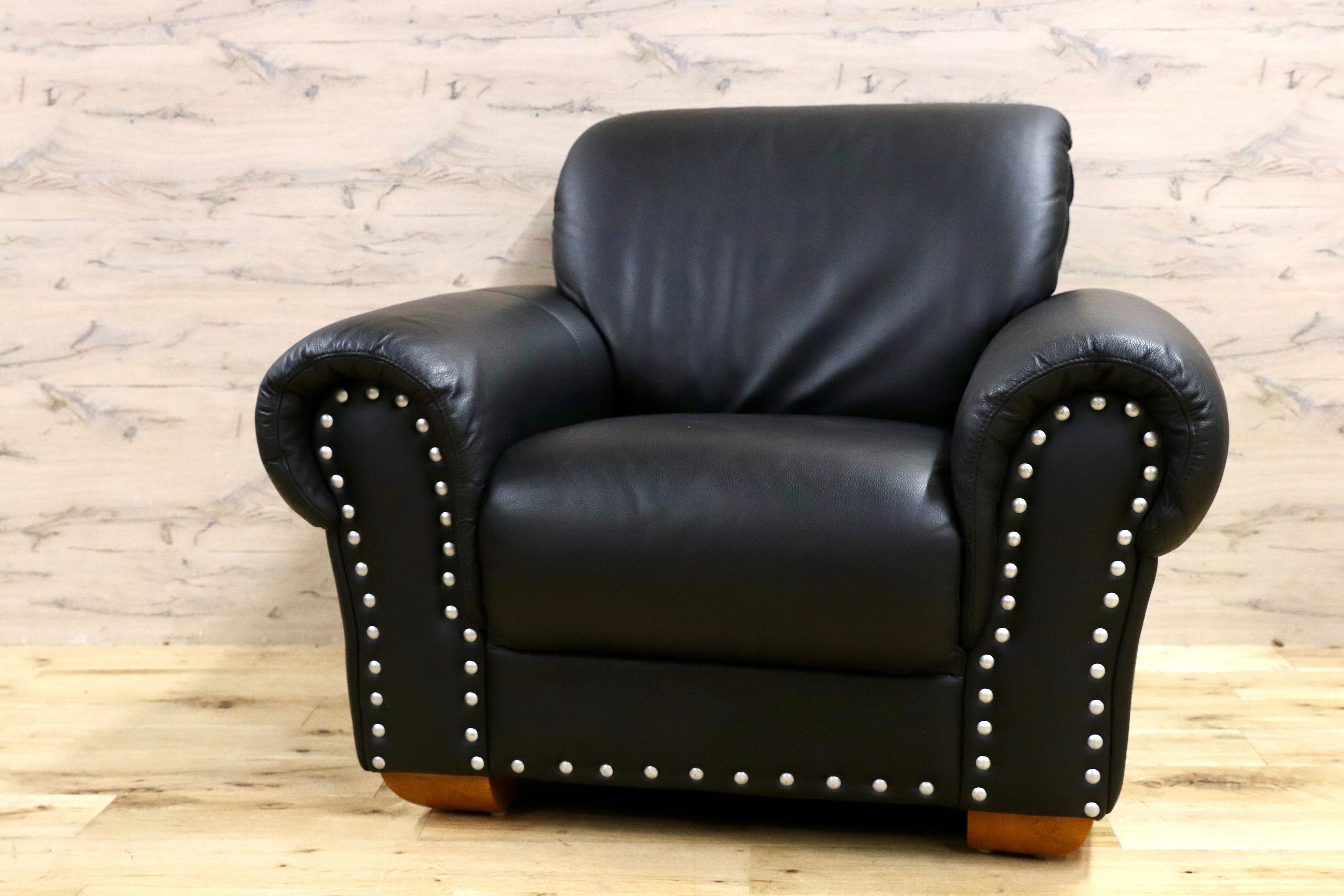 GMHK179○Lether World / レザーワールド 1人掛けソファ シングルソファ IDC大塚家具 黒総本革 高級 ハイクラスモダン 美品