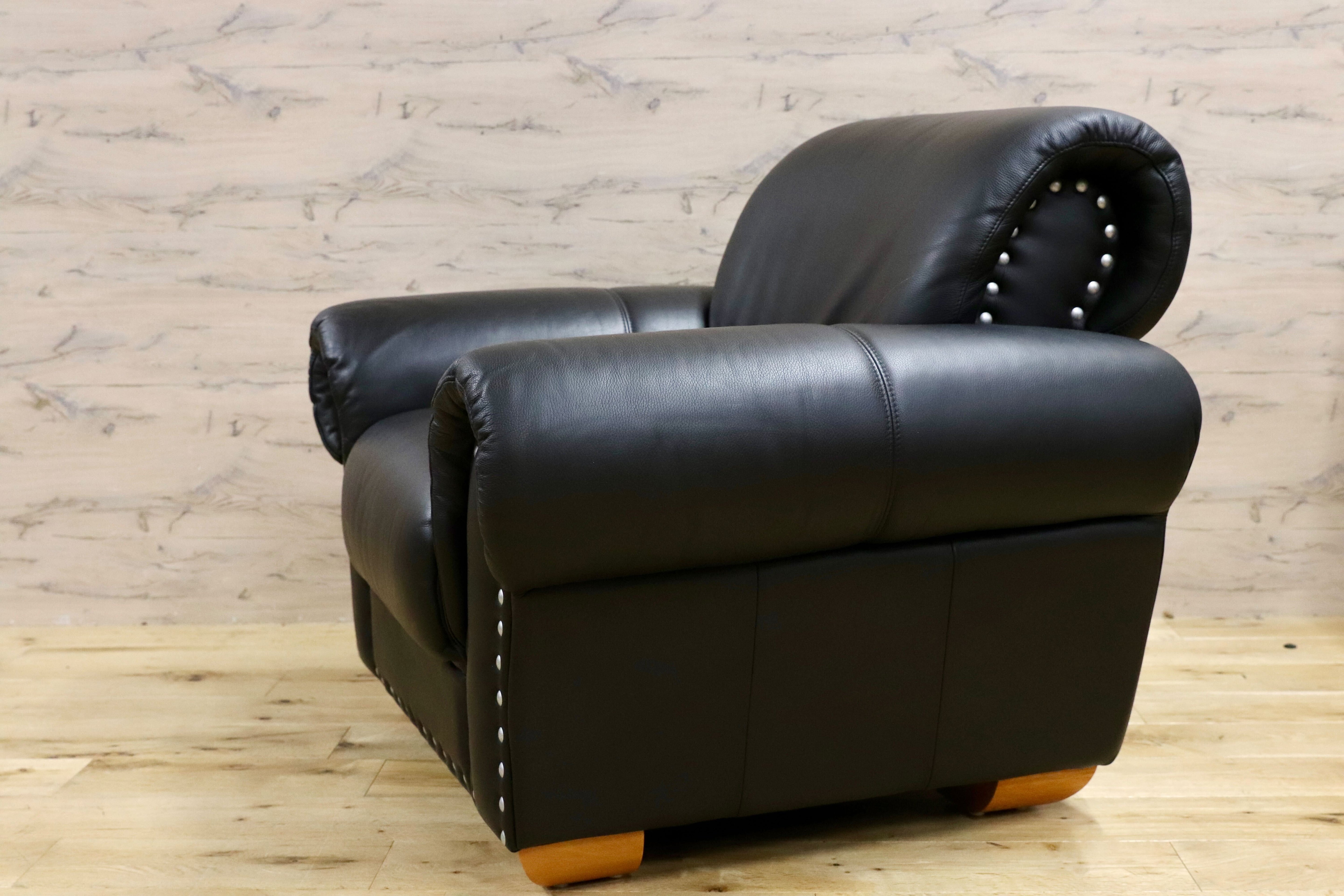 GMHK179○Lether World / レザーワールド 1人掛けソファ シングルソファ IDC大塚家具 黒総本革 高級 ハイクラスモダン 美品