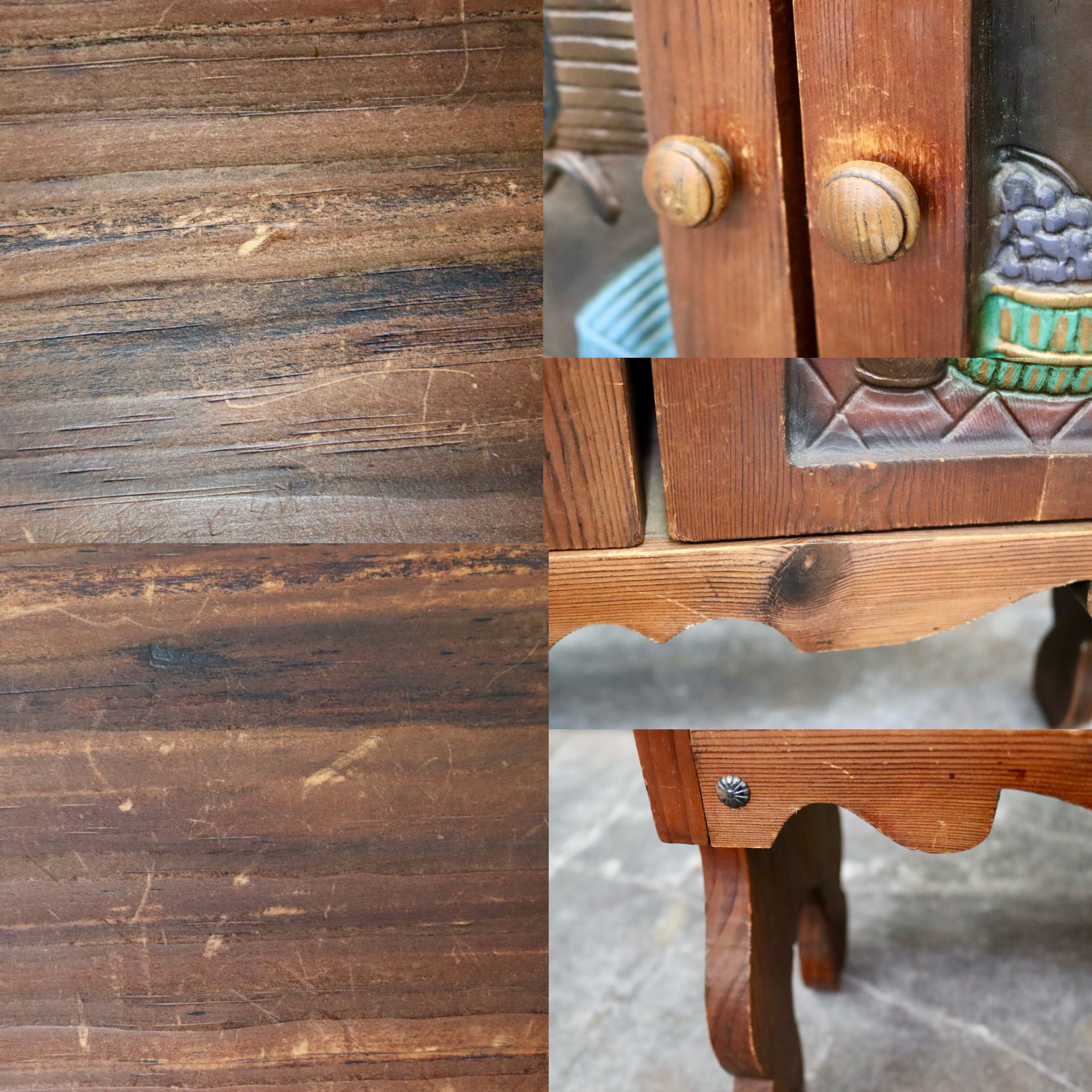 GMIK454○スペイン家具 キャビネット ラック サイドボード 収納棚 飾り台 花台 木製 無垢材 木彫り ハンドペイント クラシック レトロ