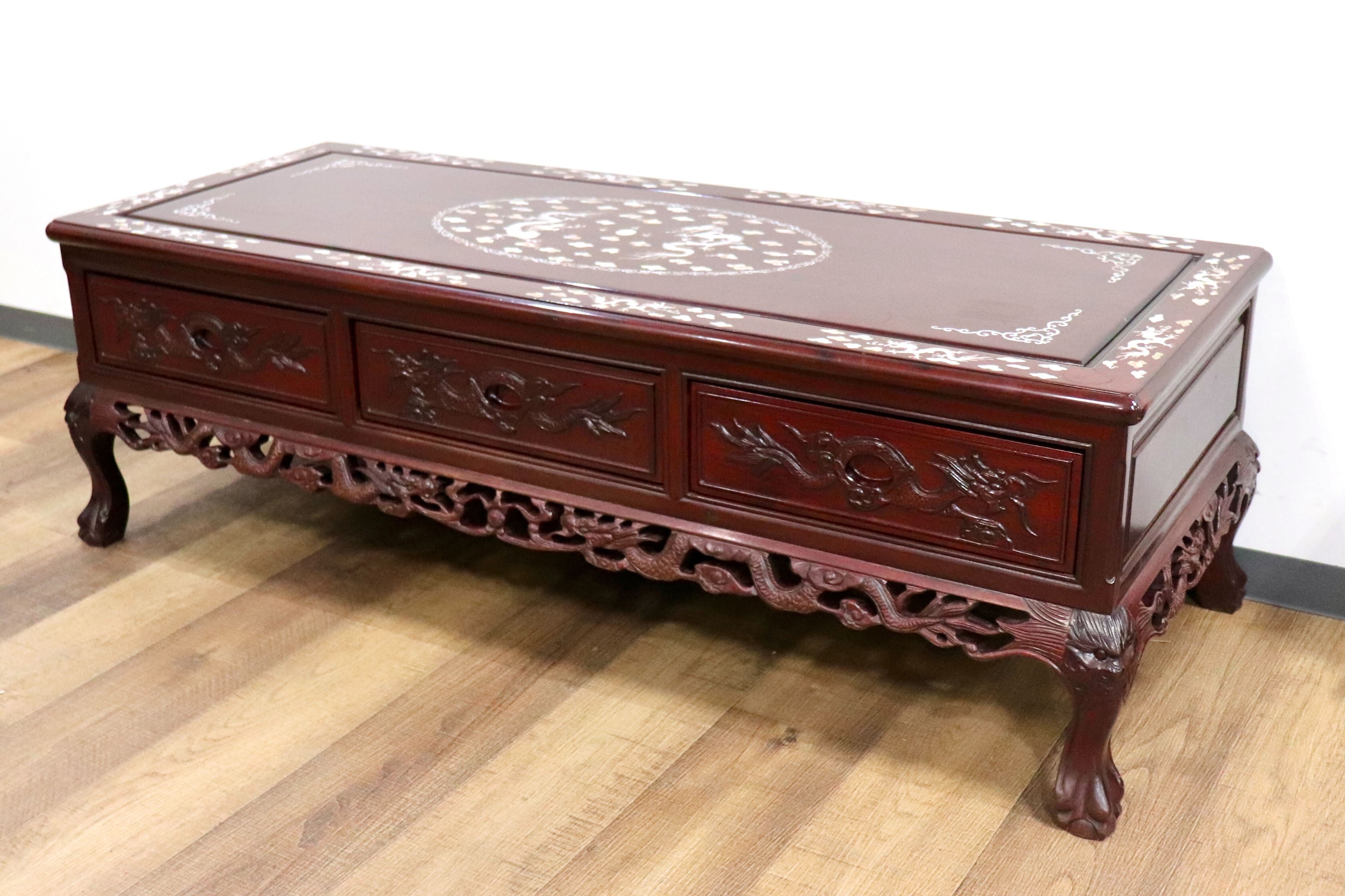 GMHK630〇センターテーブル リビングテーブル ローテーブル 引き出し 中国美術 朝鮮家具 唐木 彫刻 透かし彫り螺鈿細工 雲龍 雲竜