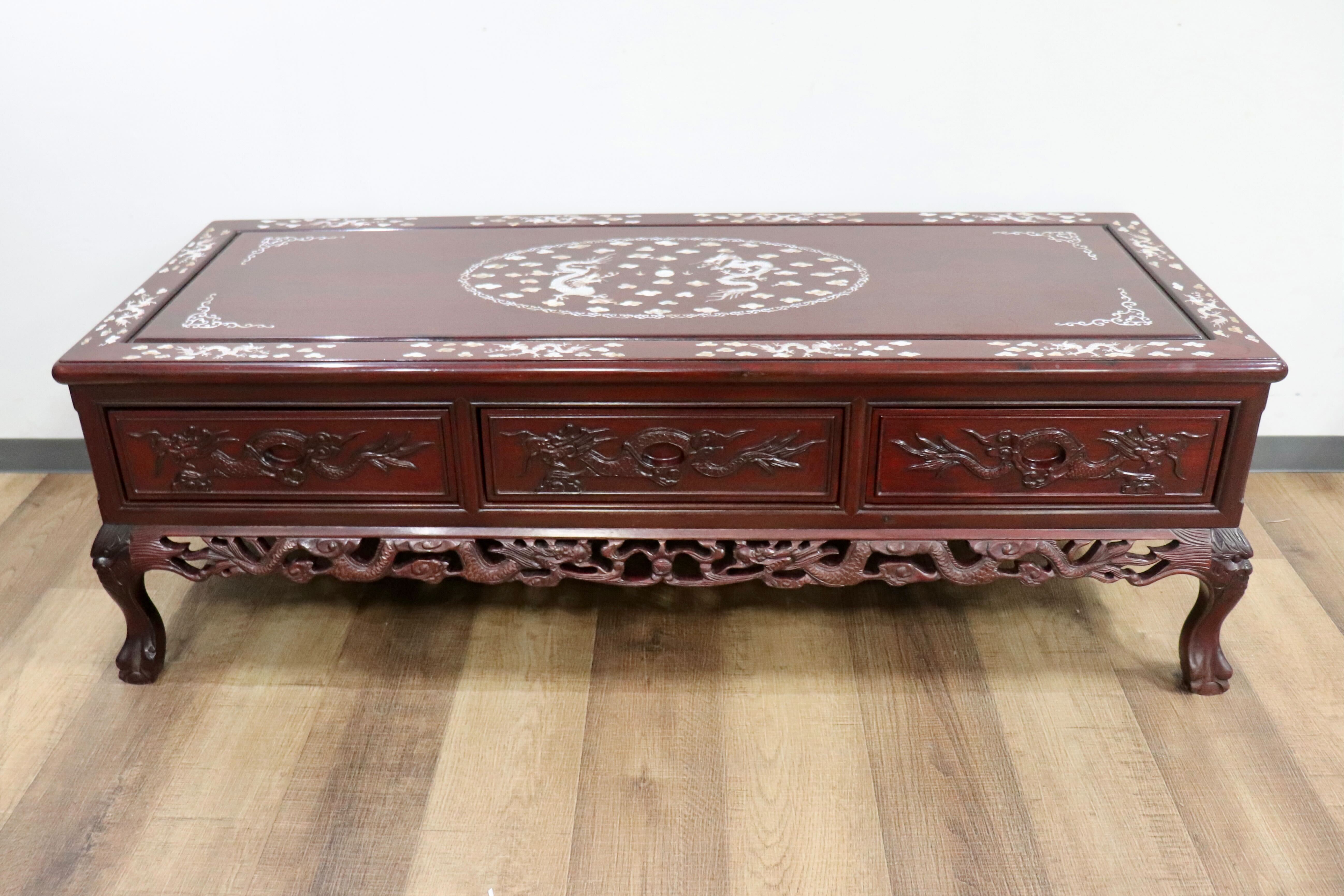 GMHK630〇センターテーブル リビングテーブル ローテーブル 引き出し 中国美術 朝鮮家具 唐木 彫刻 透かし彫り螺鈿細工 雲龍 雲竜