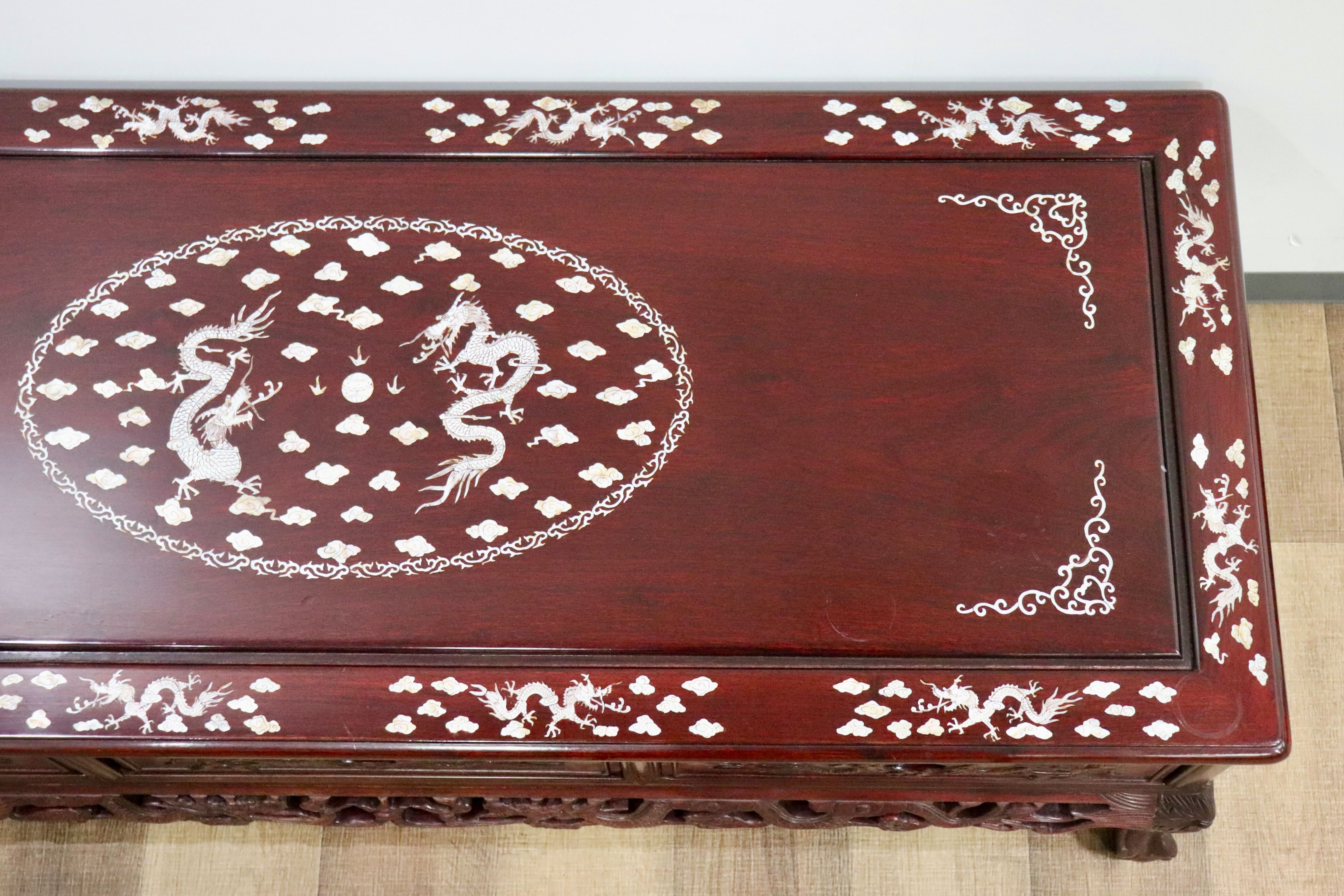 GMHK630〇センターテーブル リビングテーブル ローテーブル 引き出し 中国美術 朝鮮家具 唐木 彫刻 透かし彫り螺鈿細工 雲龍 雲竜