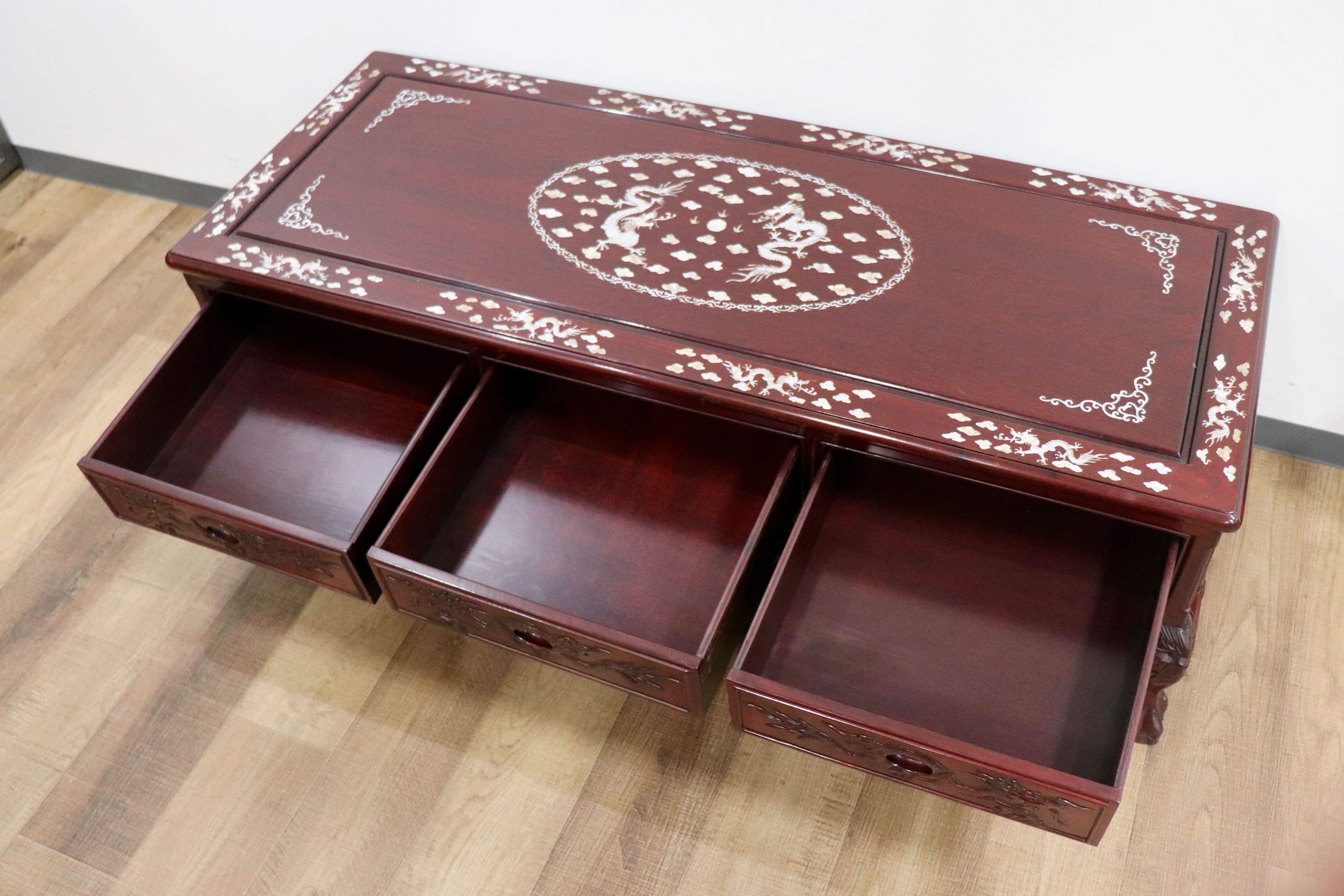 GMHK630〇センターテーブル リビングテーブル ローテーブル 引き出し 中国美術 朝鮮家具 唐木 彫刻 透かし彫り螺鈿細工 雲龍 雲竜