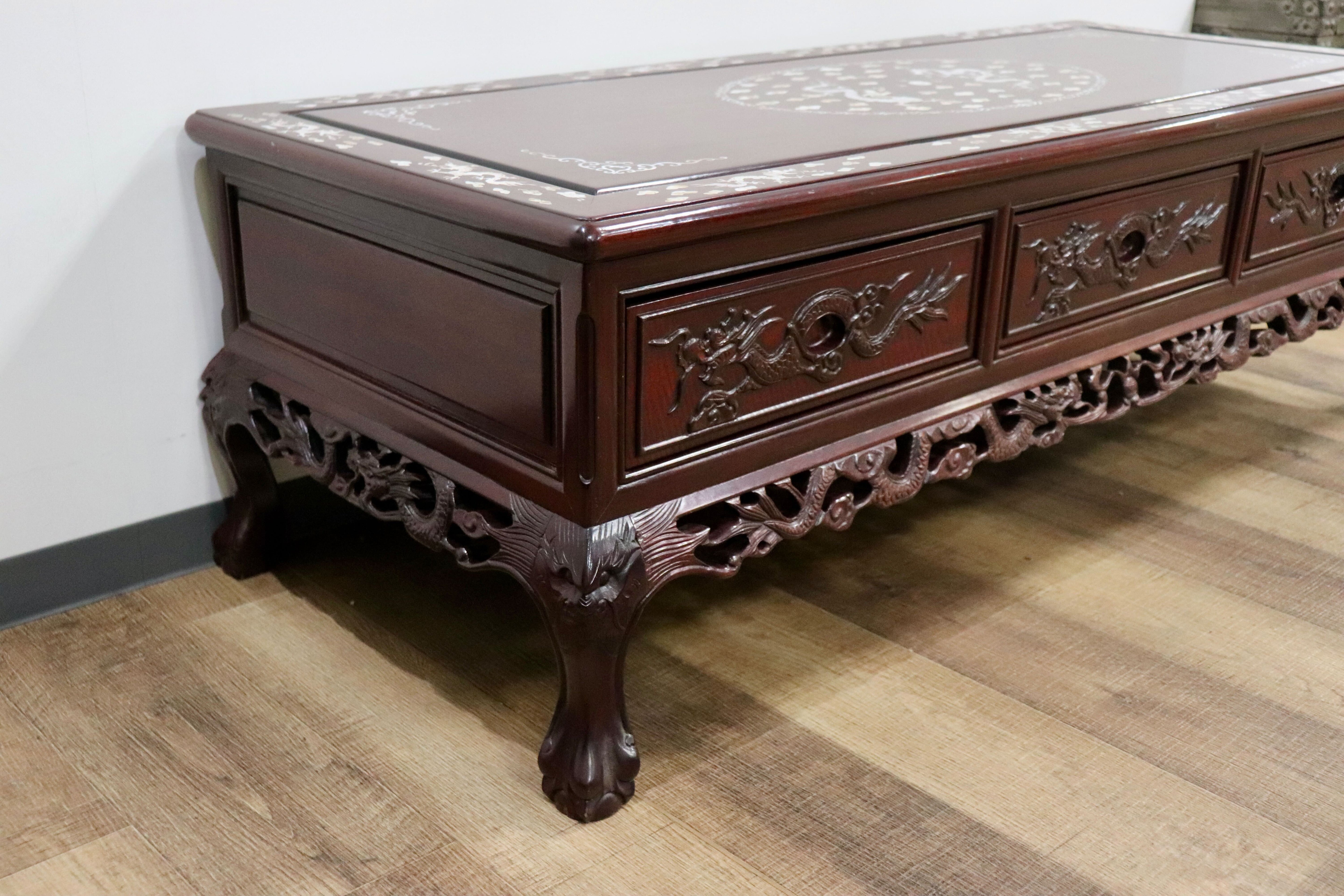 GMHK630〇センターテーブル リビングテーブル ローテーブル 引き出し 中国美術 朝鮮家具 唐木 彫刻 透かし彫り螺鈿細工 雲龍 雲竜