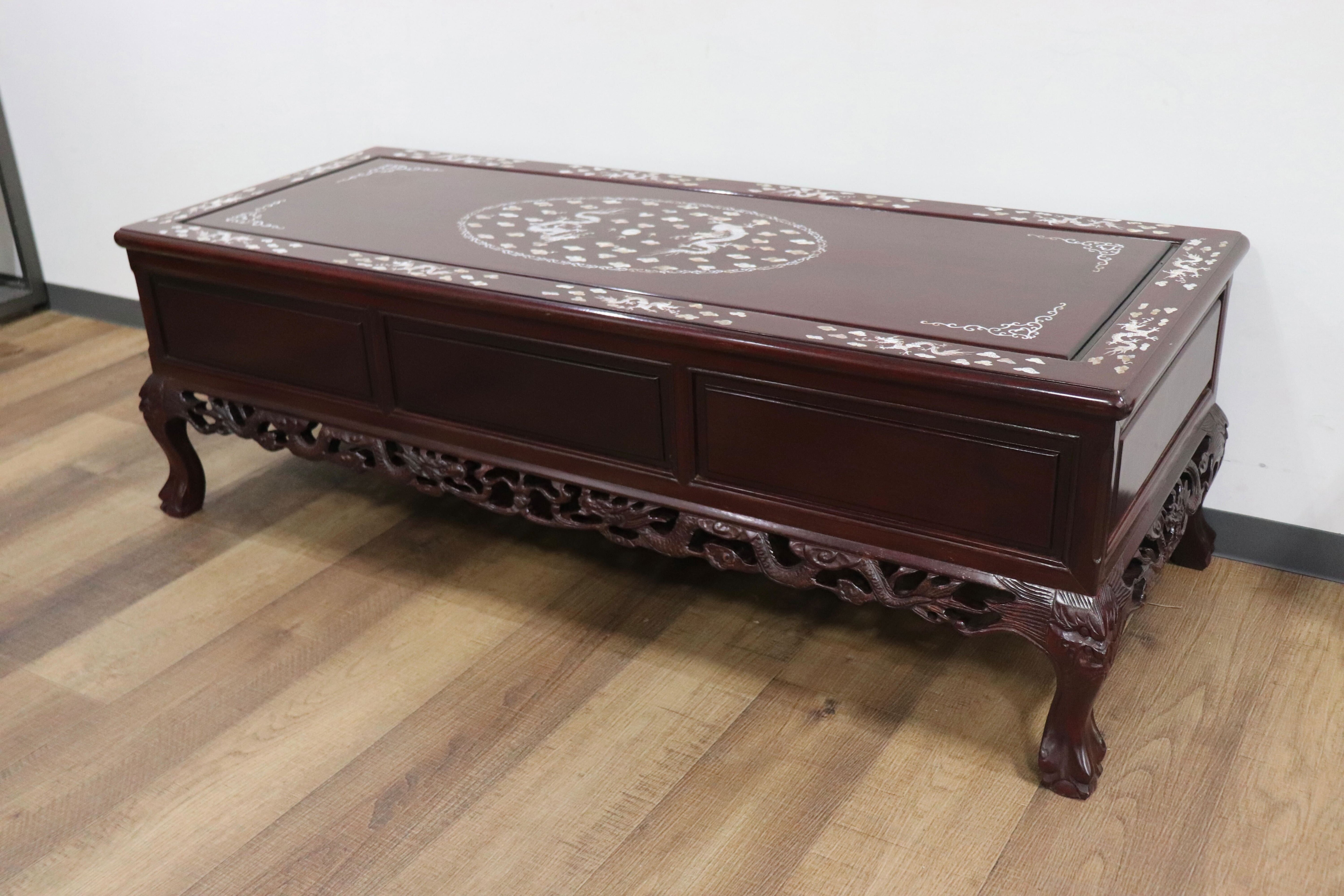 GMHK630〇センターテーブル リビングテーブル ローテーブル 引き出し 中国美術 朝鮮家具 唐木 彫刻 透かし彫り螺鈿細工 雲龍 雲竜