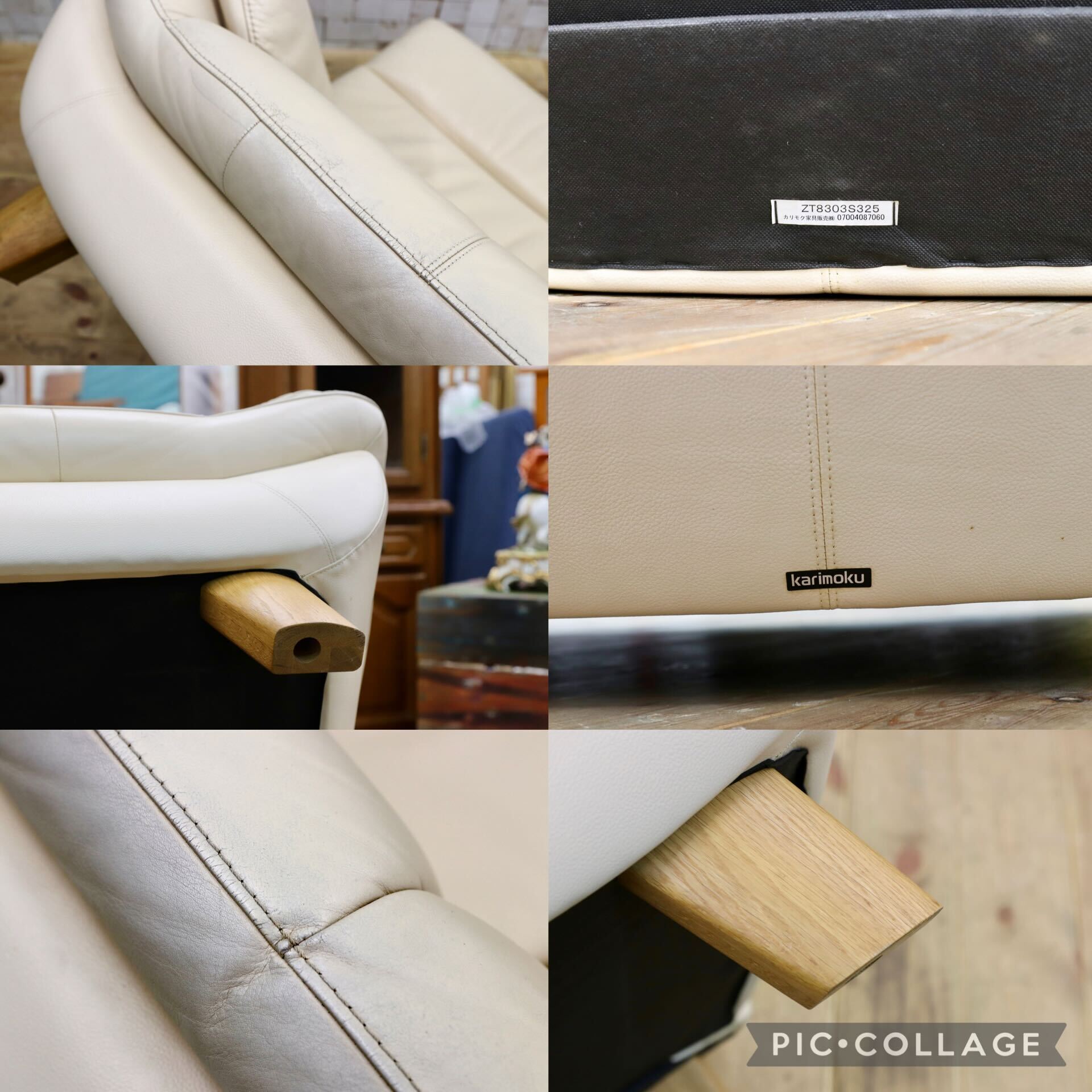 GMIH406○karimoku / カリモク ZT8303 3人掛けソファ トリプルソファ アイボリー色 本革 レザー 長椅子 定価約29.5万