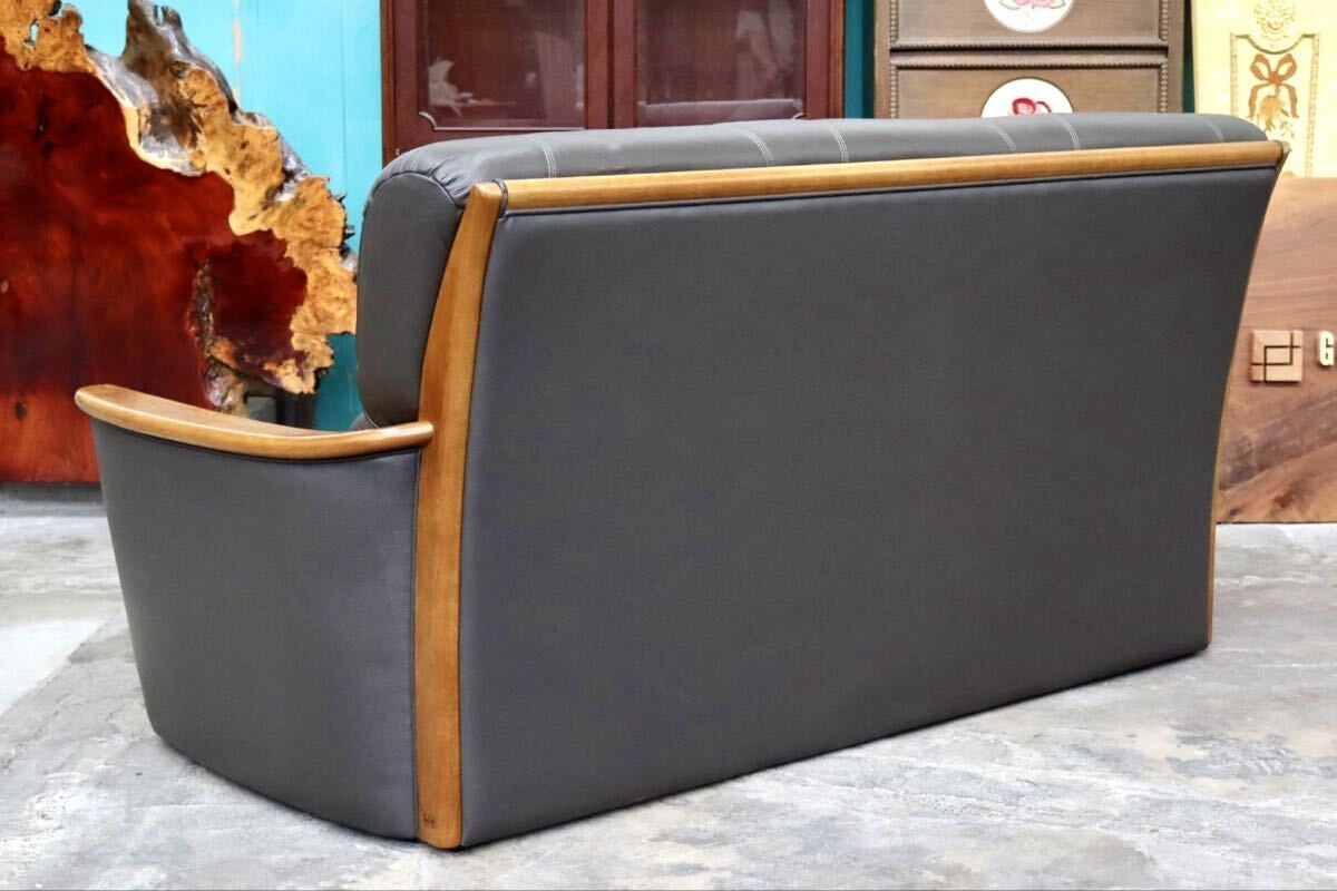 GMJK182○浜本工芸 / HAMAMOTO 3人掛けソファ トリプルソファ 長椅子 本革 グレー 楢材 国産家具 定価約29万