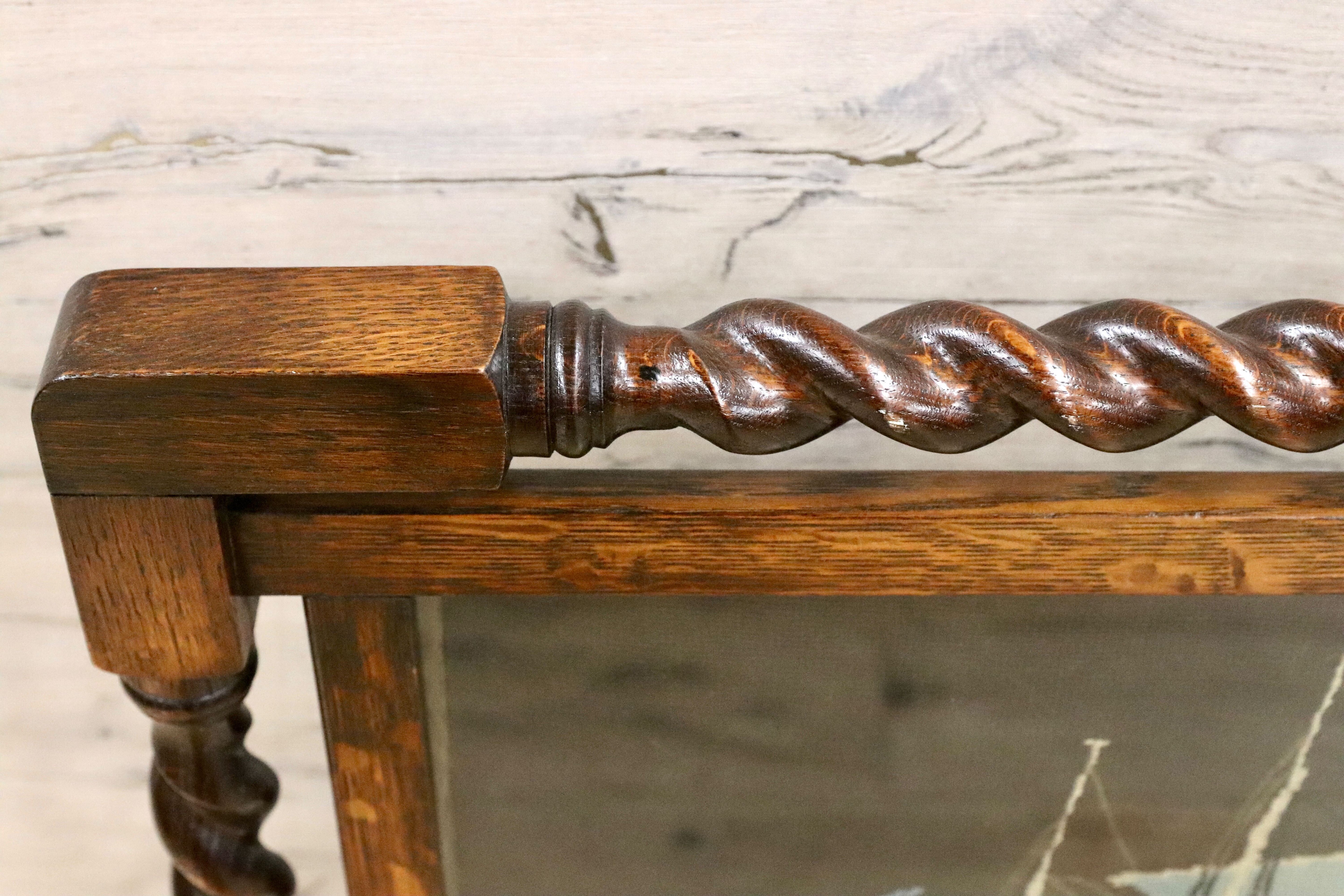 GMFK709○英国 イギリス 西洋 アンティーク ツイストファイヤースクリーン オーク材 クラシック 目隠し インテリア 刺繍 オブジェ 希少